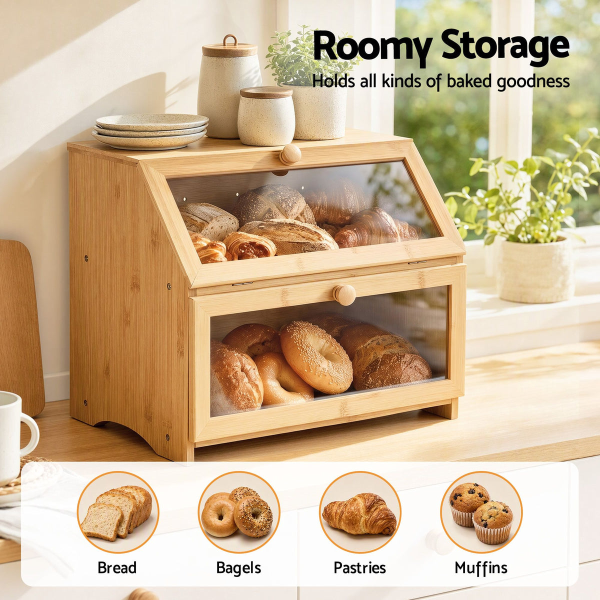 2-Tier Bamboo Bread Box 39cm with Clear Viewing Windows - Natural