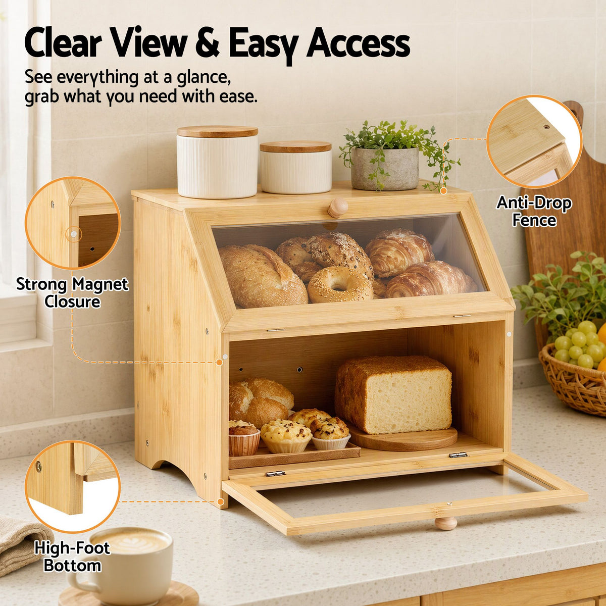 2-Tier Bamboo Bread Box 39cm with Clear Viewing Windows - Natural