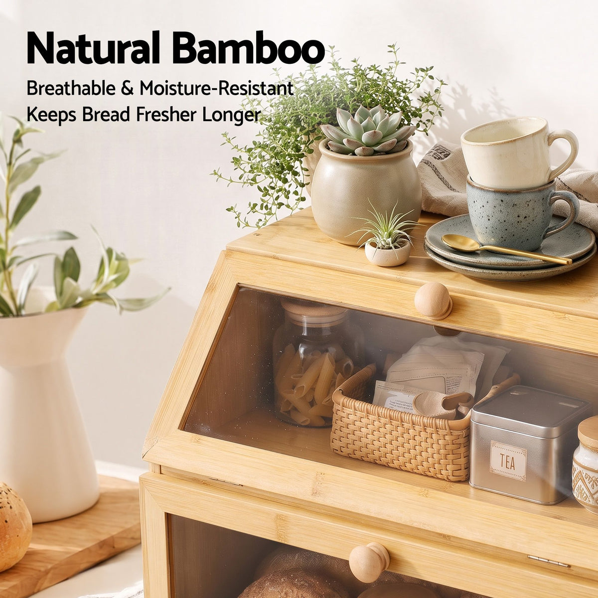 2-Tier Bamboo Bread Box 39cm with Clear Viewing Windows - Natural