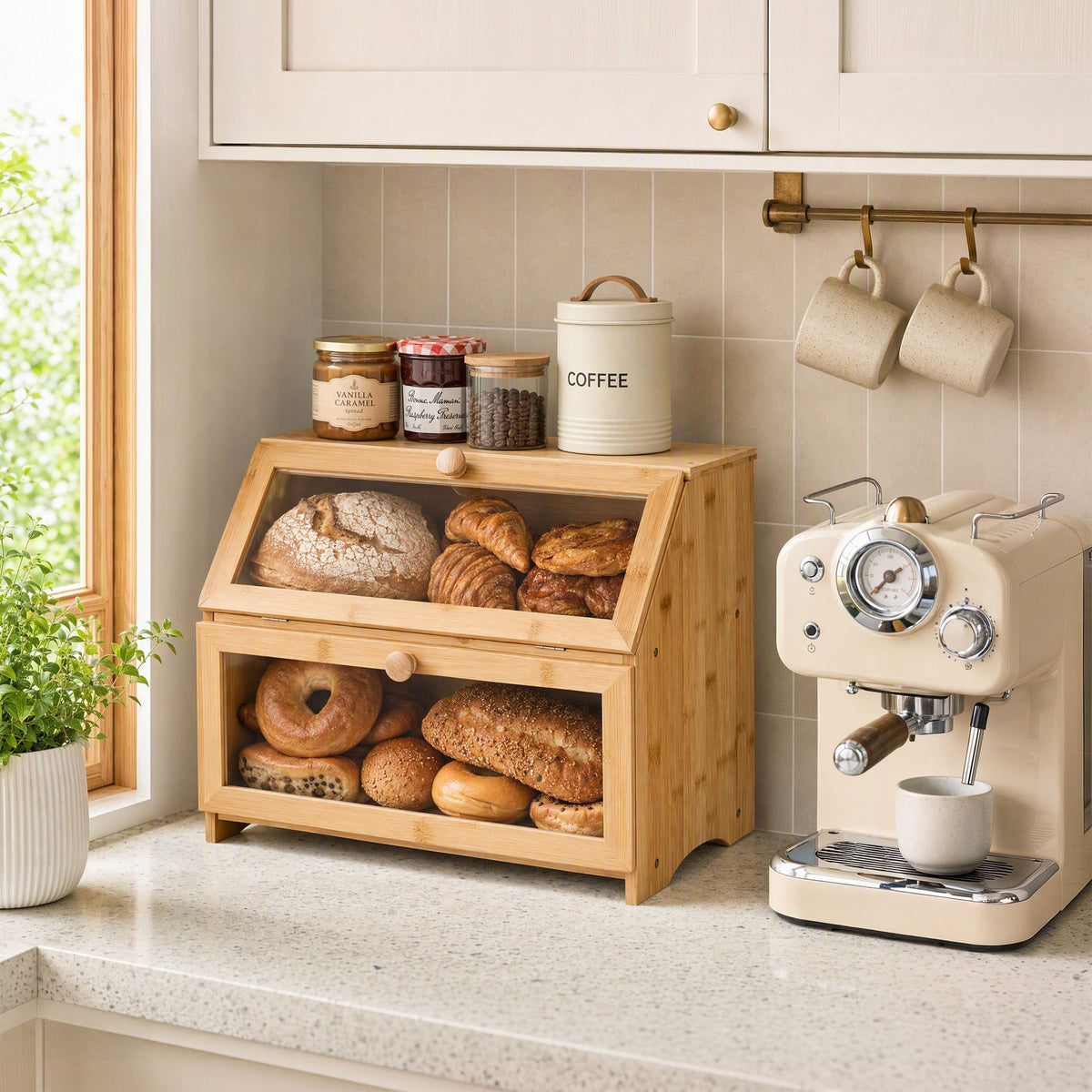 2-Tier Bamboo Bread Box 39cm with Clear Viewing Windows - Natural