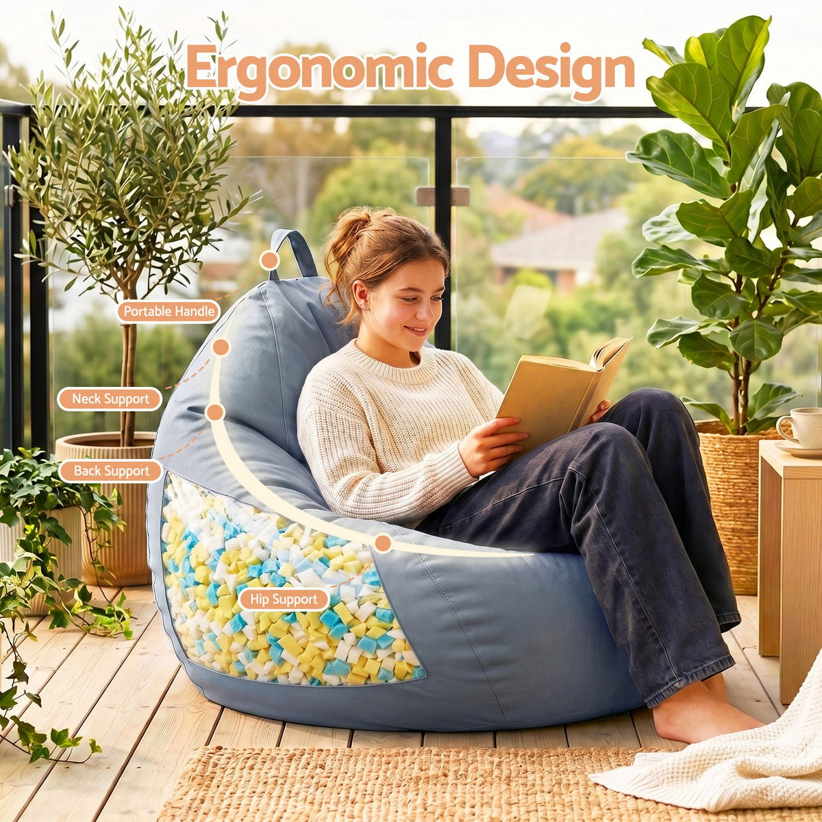 Outdoor Bean Bag Chair with Splash-Proof Cover and Memory Foam Filler DIY Stuffable Sofa for Adults, Teens & Kids - Grey