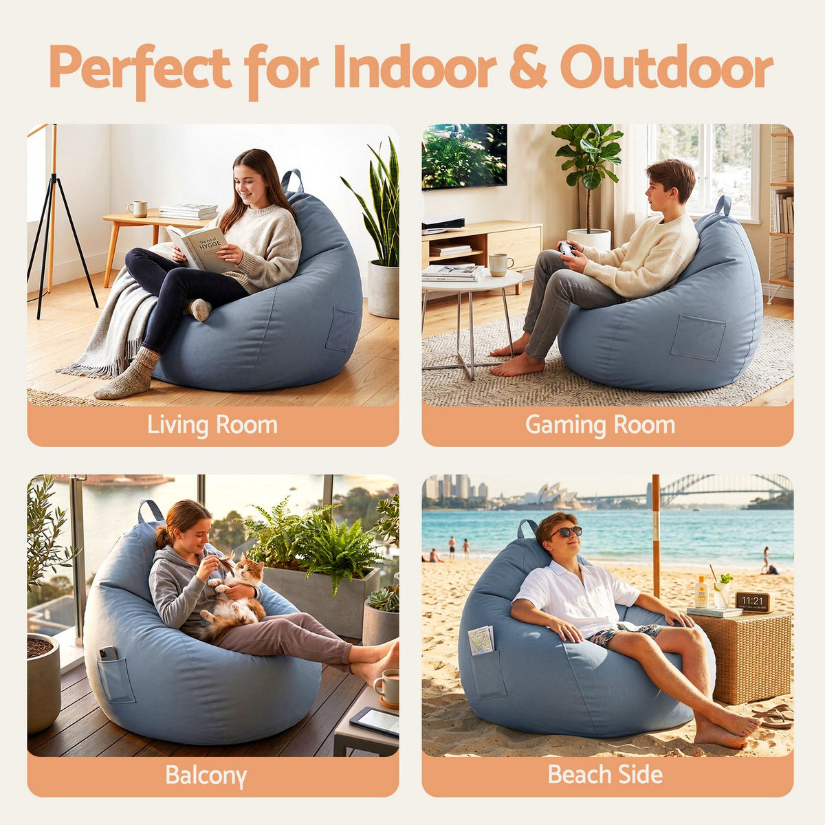 Outdoor Bean Bag Chair with Splash-Proof Cover and Memory Foam Filler DIY Stuffable Sofa for Adults, Teens & Kids - Grey
