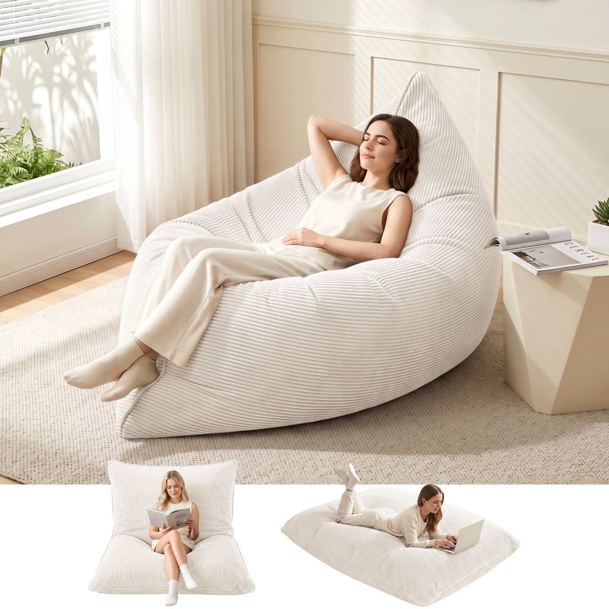 3 in 1 Convertible Corduroy Bean Bag Chair Cover with Storage - Beige