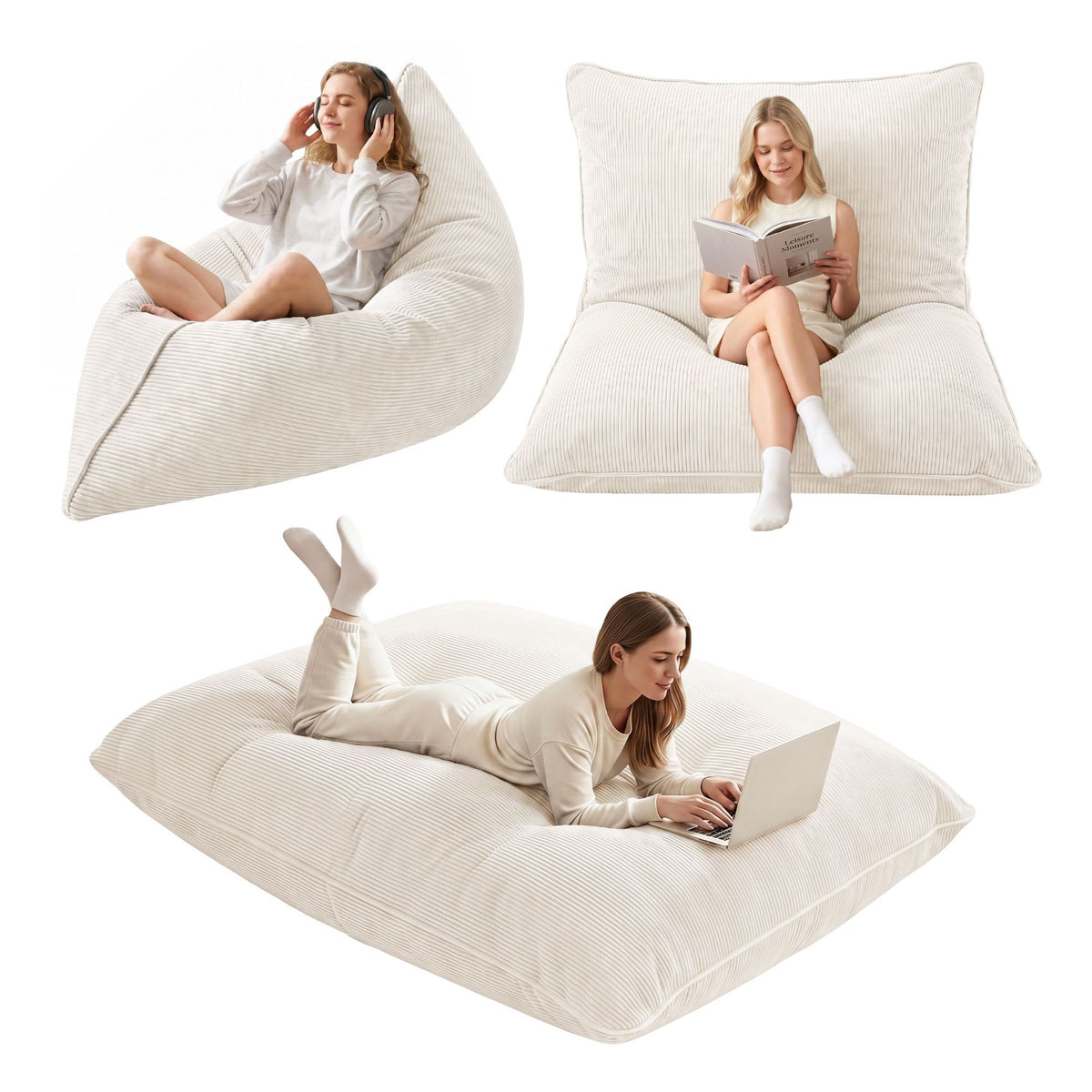 3 in 1 Convertible Corduroy Bean Bag Chair Cover with Storage - Beige