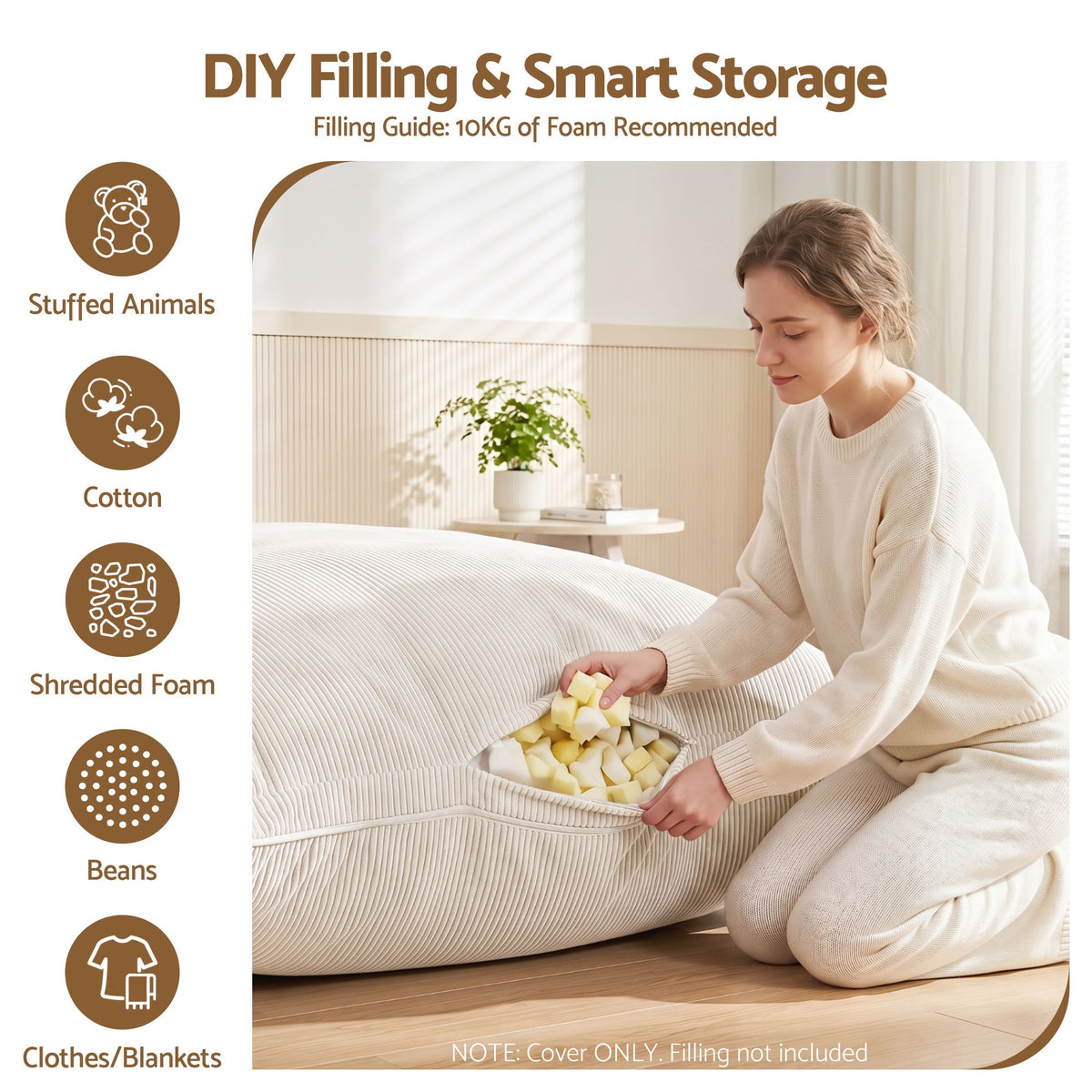 3 in 1 Convertible Corduroy Bean Bag Chair Cover with Storage - Beige