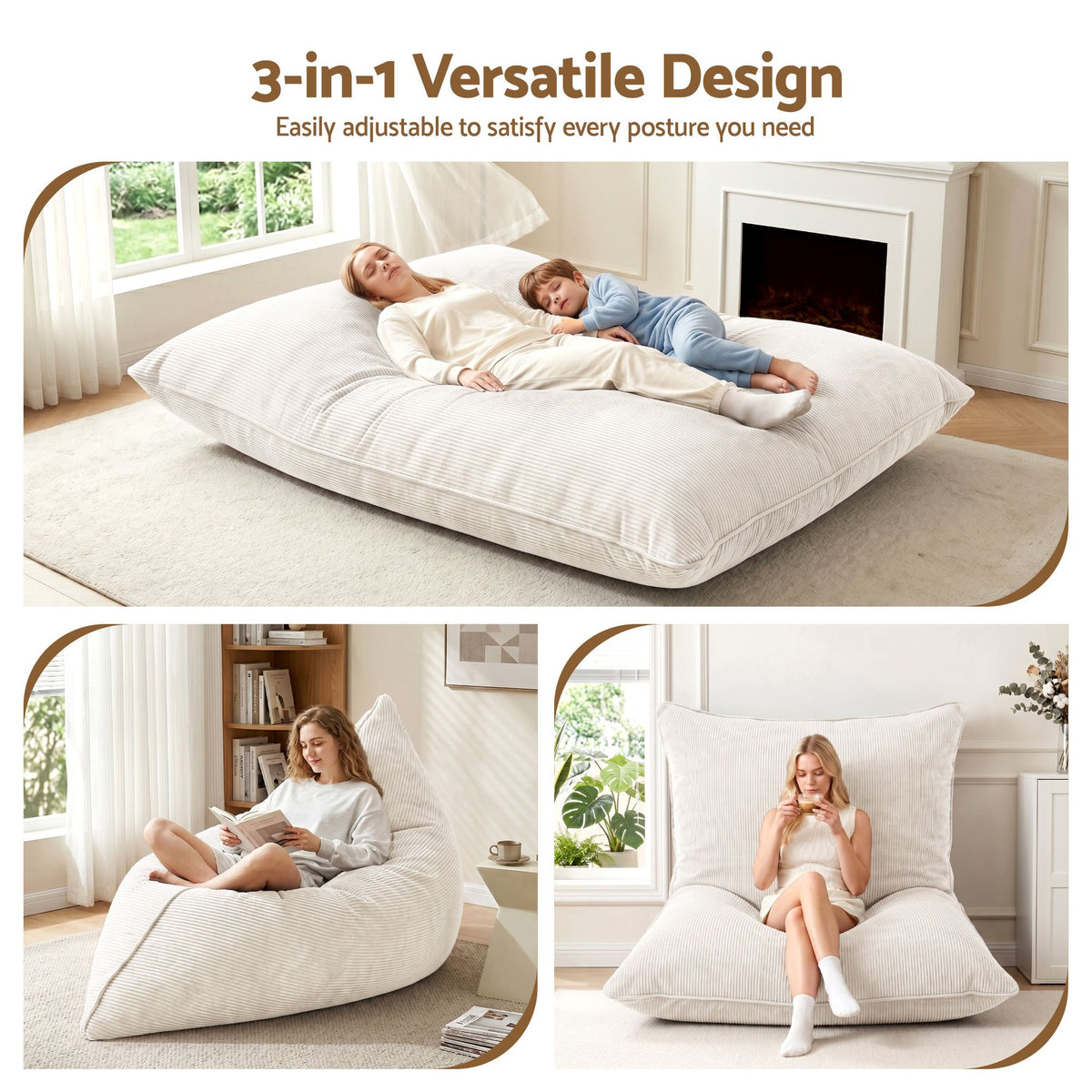 3 in 1 Convertible Corduroy Bean Bag Chair Cover with Storage - Beige