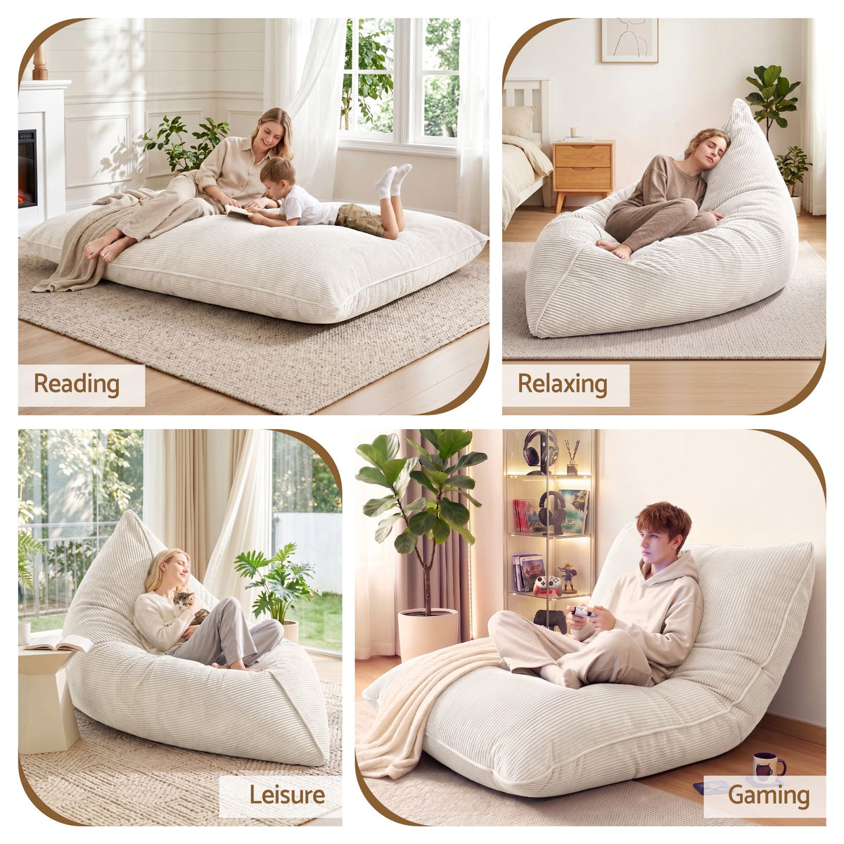 3 in 1 Convertible Corduroy Bean Bag Chair Cover with Storage - Beige