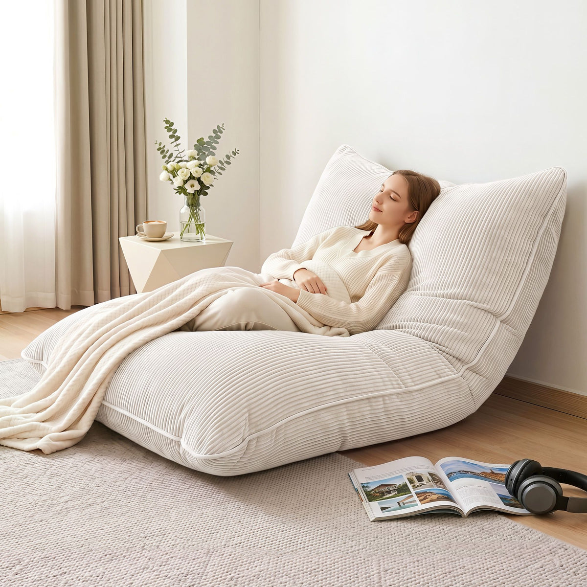 3 in 1 Convertible Corduroy Bean Bag Chair Cover with Storage - Beige