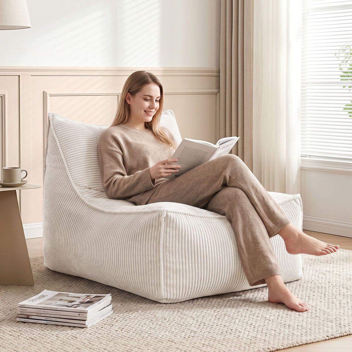 Bean Bag Chair Cover Soft Corduroy Storage with Hidden Zipper - Beige