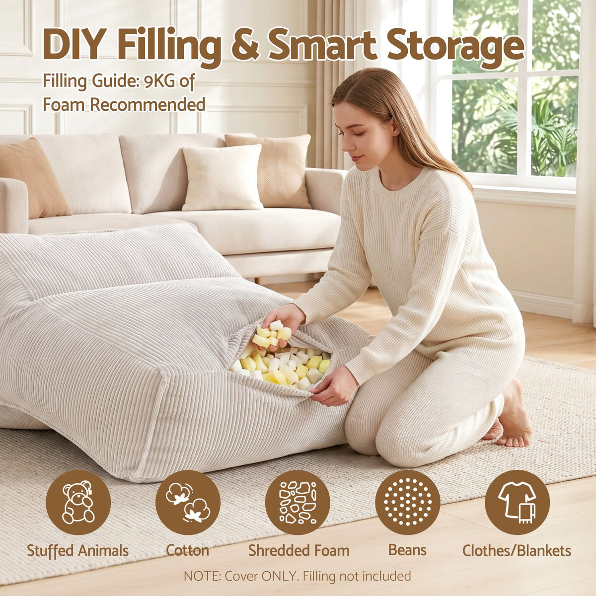 Bean Bag Chair Cover Soft Corduroy Storage with Hidden Zipper - Beige