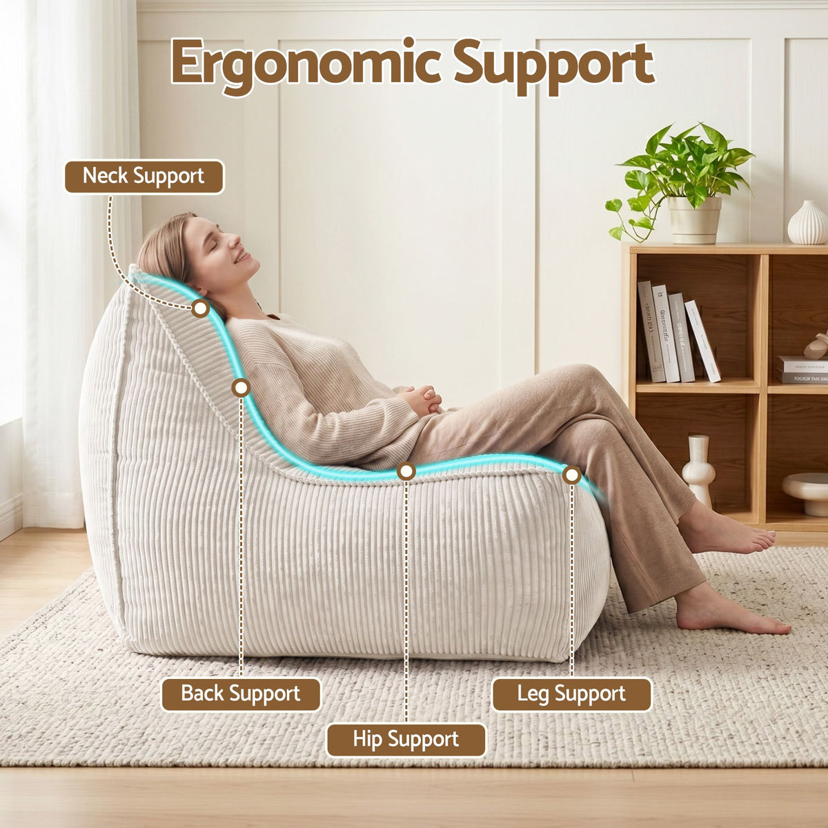 Bean Bag Chair Cover Soft Corduroy Storage with Hidden Zipper - Beige