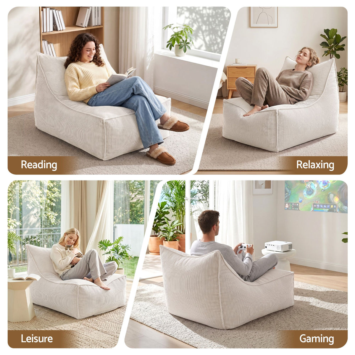 Bean Bag Chair Cover Soft Corduroy Storage with Hidden Zipper - Beige