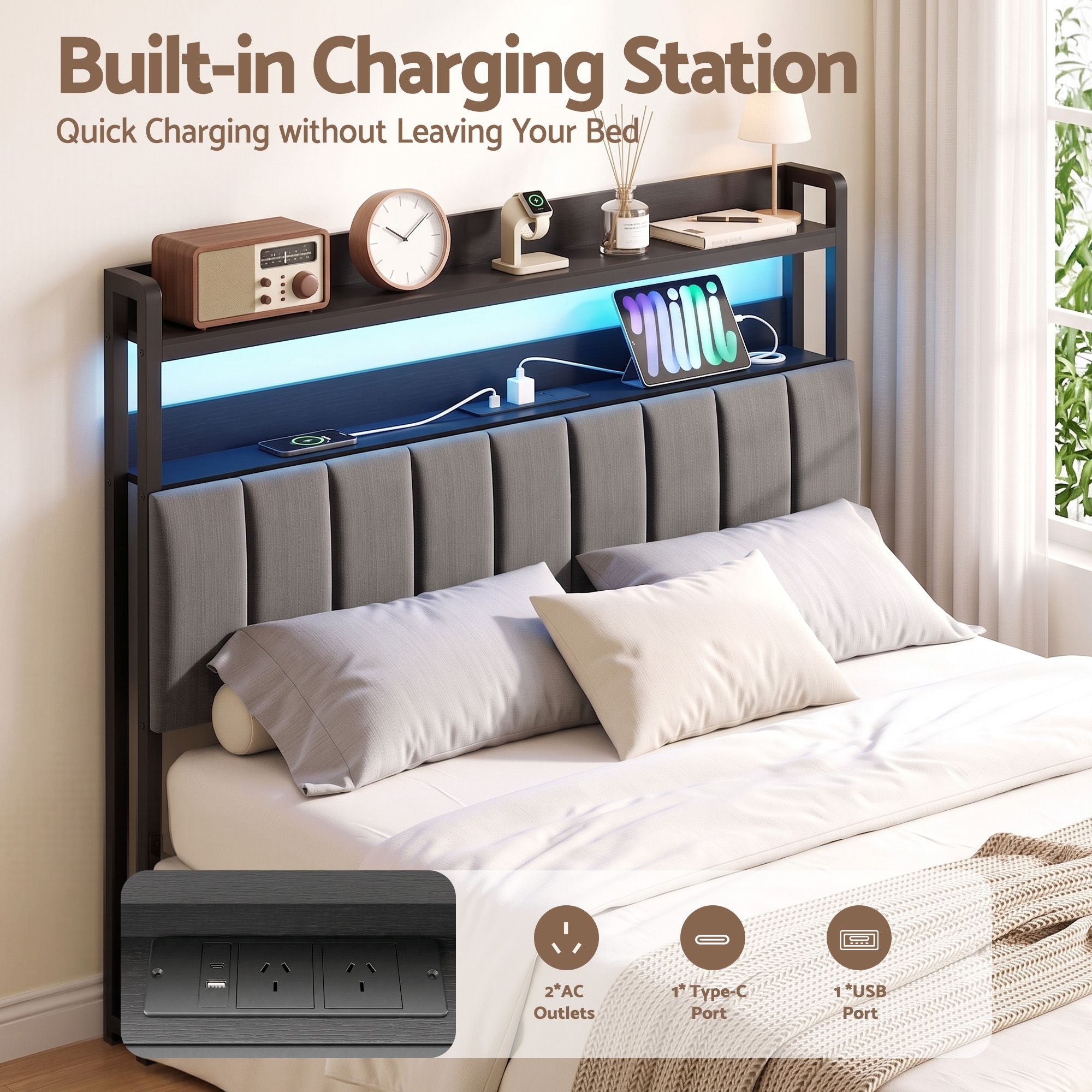 Double Headboard Charging Station Storage LED Light Grey Upholstered