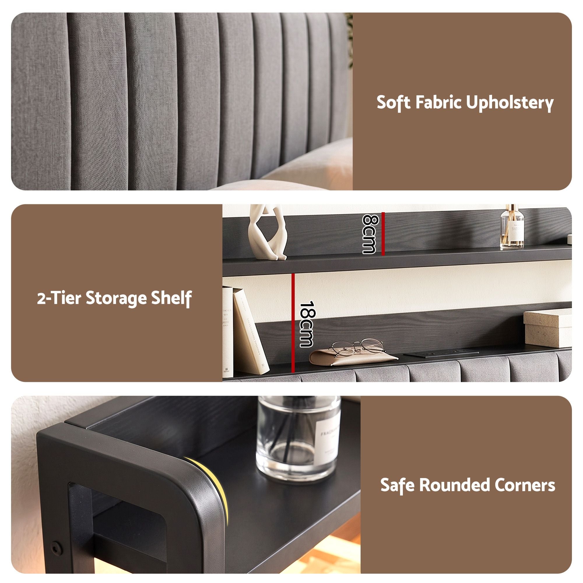 Double Headboard Charging Station Storage LED Light Grey Upholstered