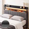 King Headboard Charging Station Storage LED Light Grey Upholstered