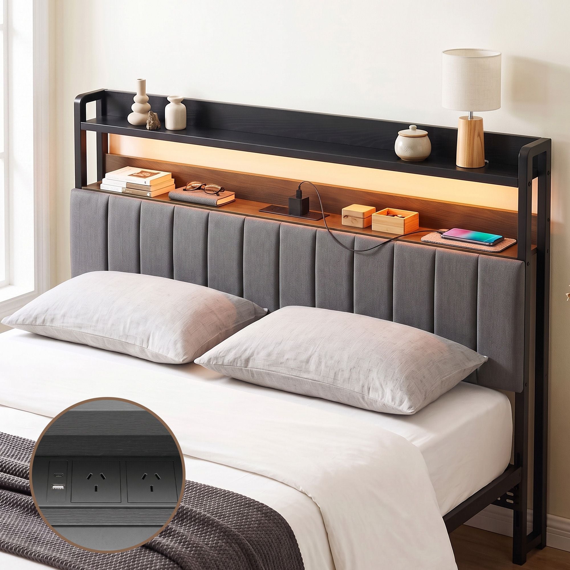 King Headboard Charging Station Storage LED Light Grey Upholstered
