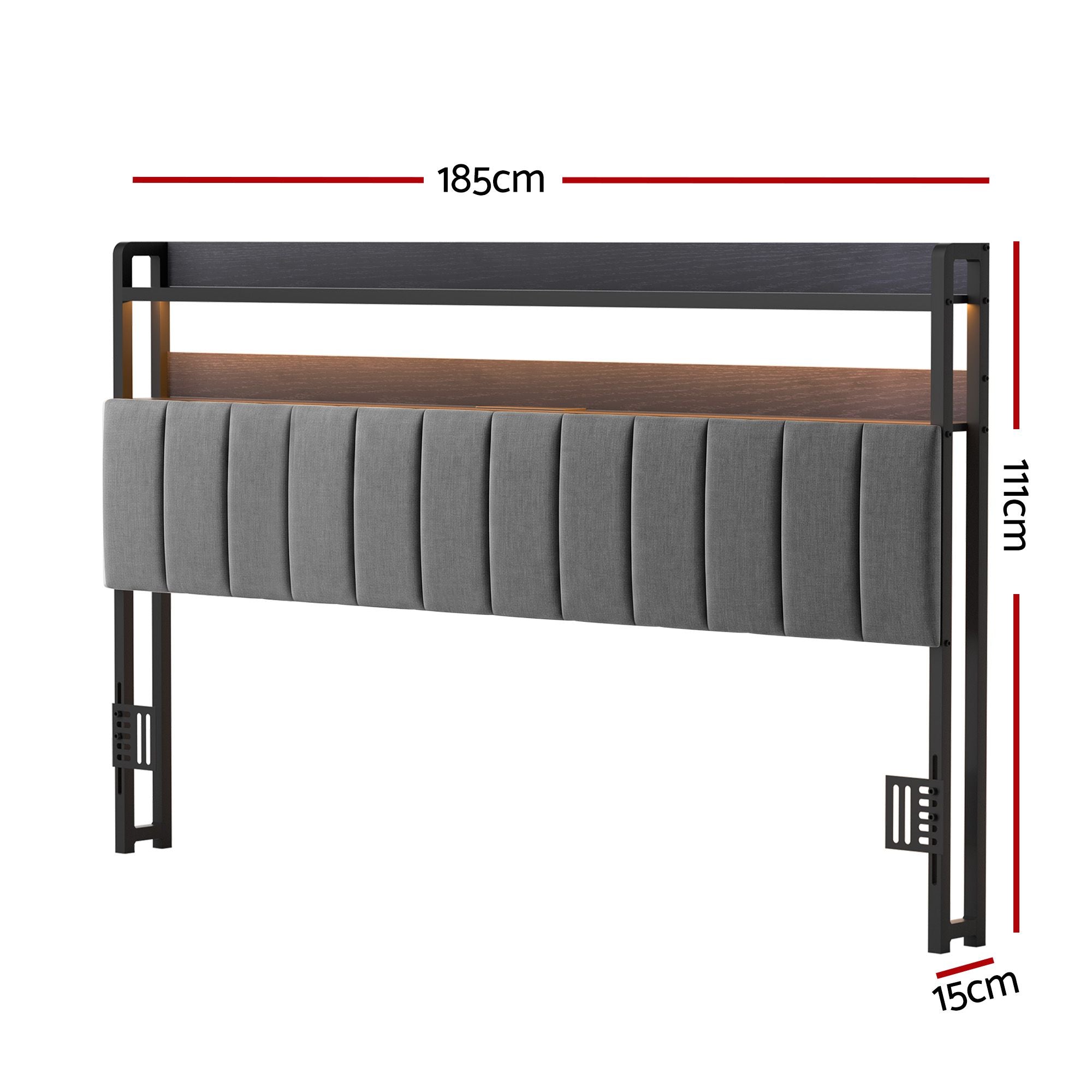 King Headboard Charging Station Storage LED Light Grey Upholstered