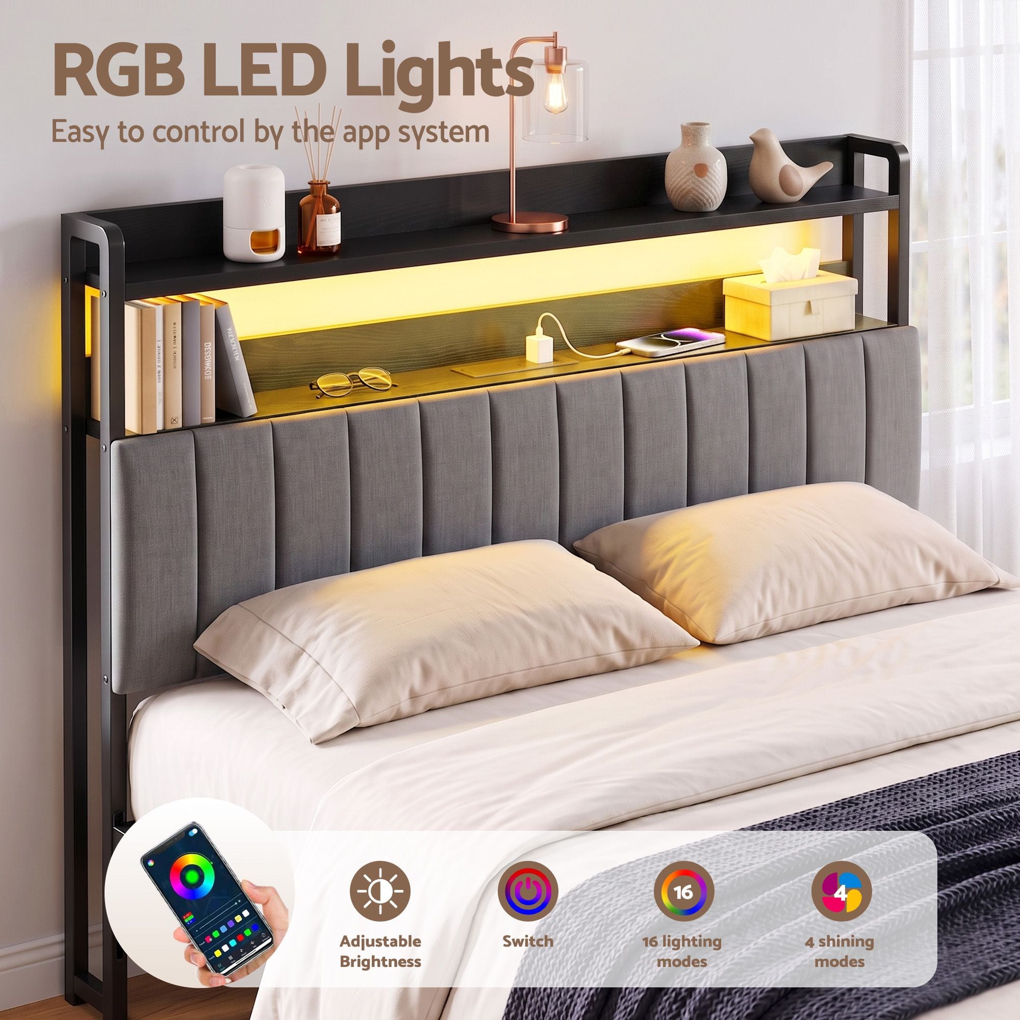 King Headboard Charging Station Storage LED Light Grey Upholstered