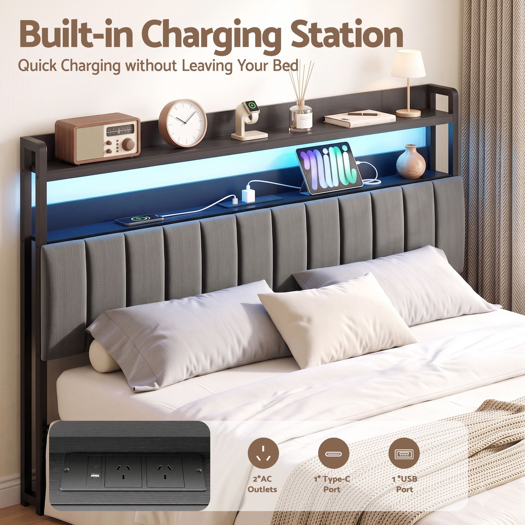 King Headboard Charging Station Storage LED Light Grey Upholstered