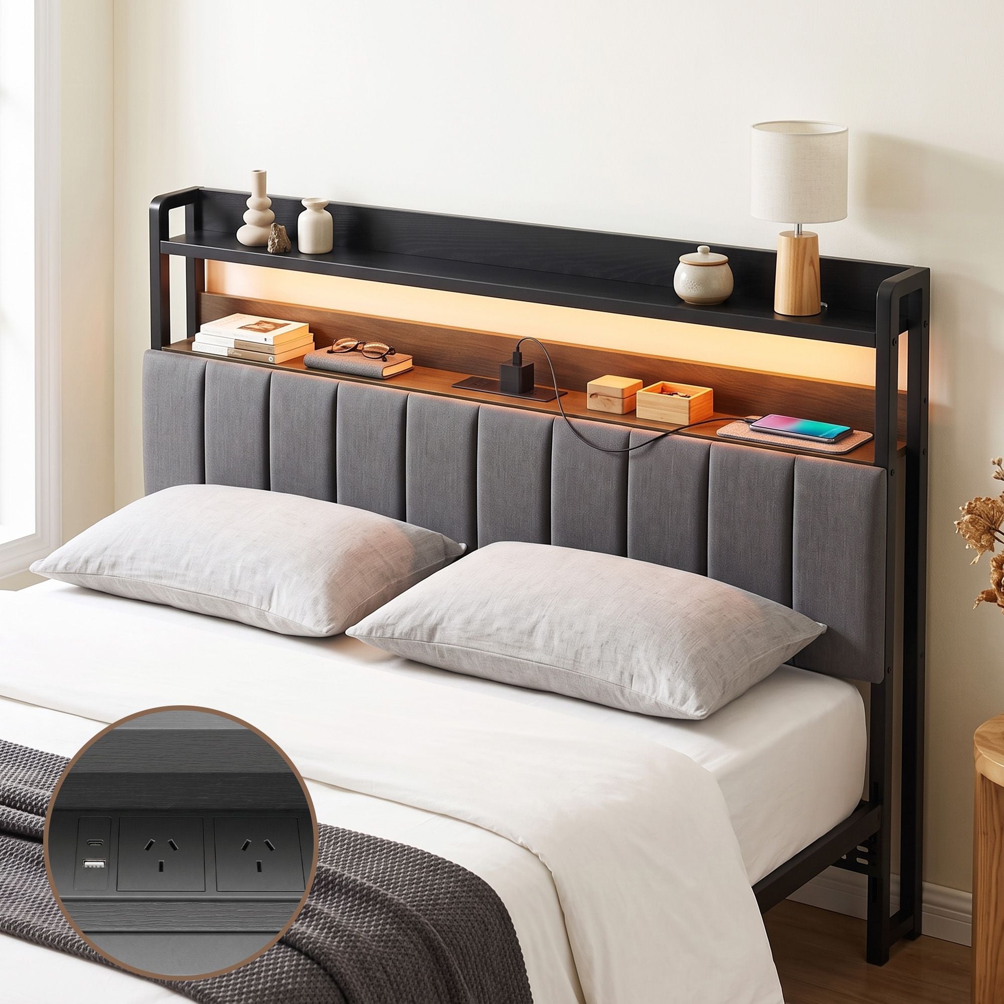 Queen Headboard Charging Station Storage LED Light Grey Upholstered