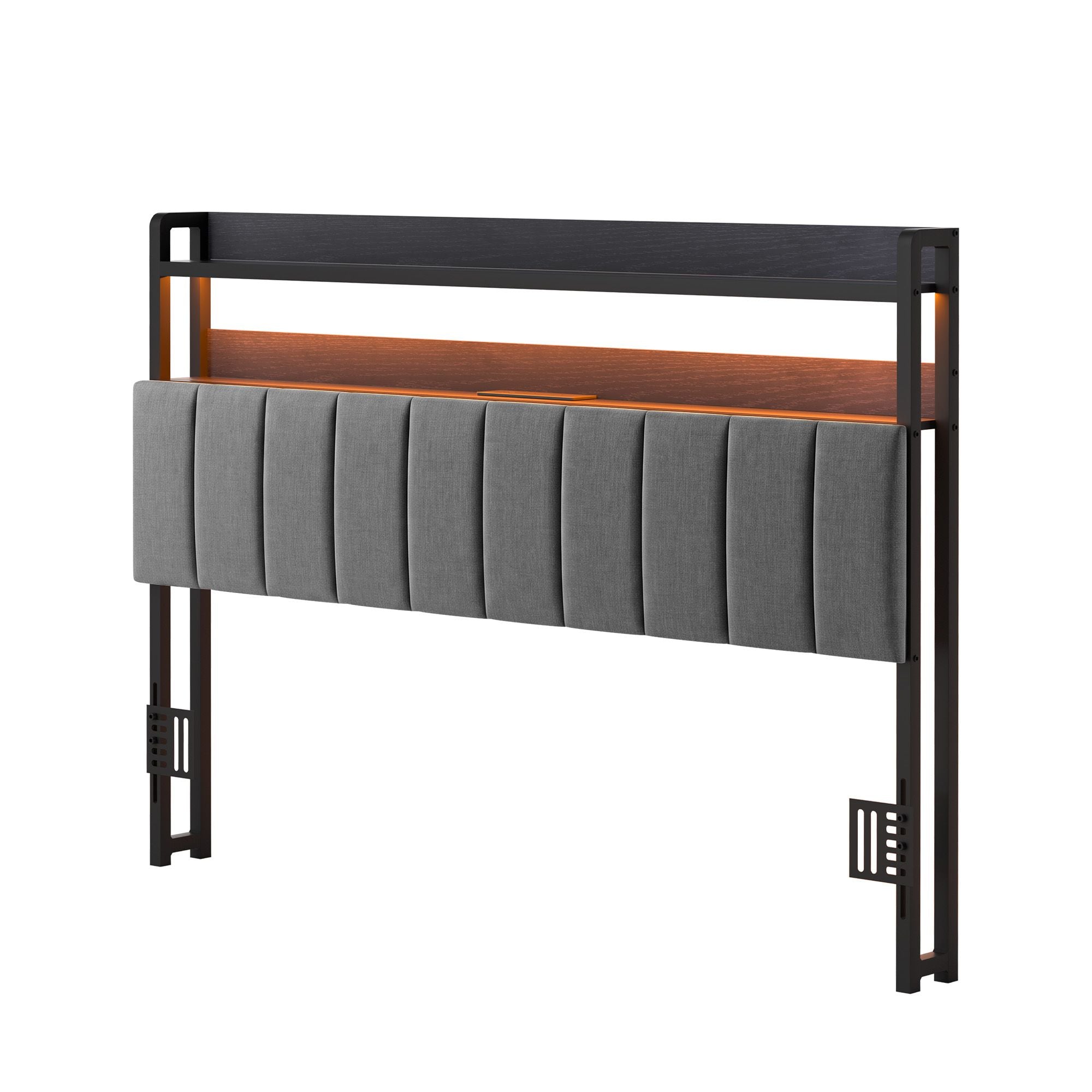 Queen Headboard Charging Station Storage LED Light Grey Upholstered