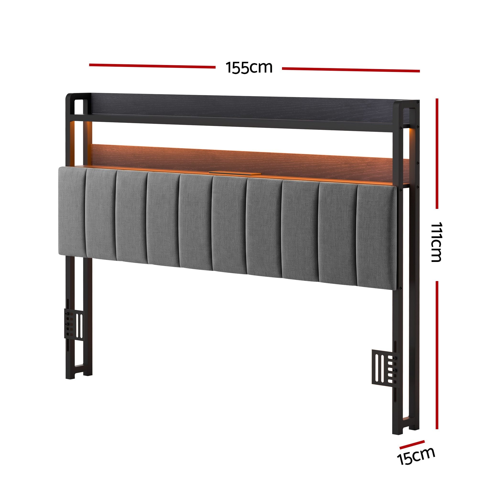 Queen Headboard Charging Station Storage LED Light Grey Upholstered