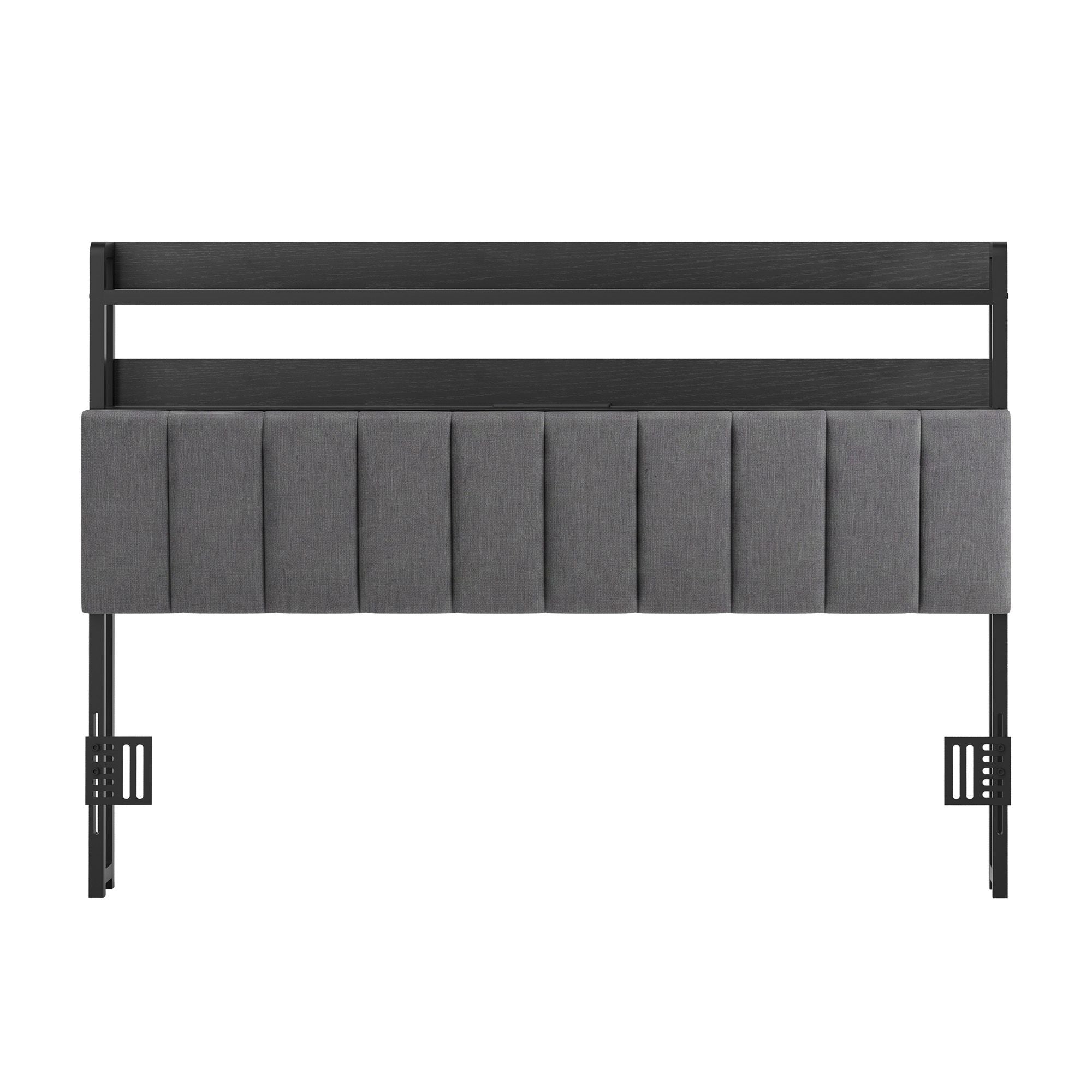 Queen Headboard Charging Station Storage LED Light Grey Upholstered