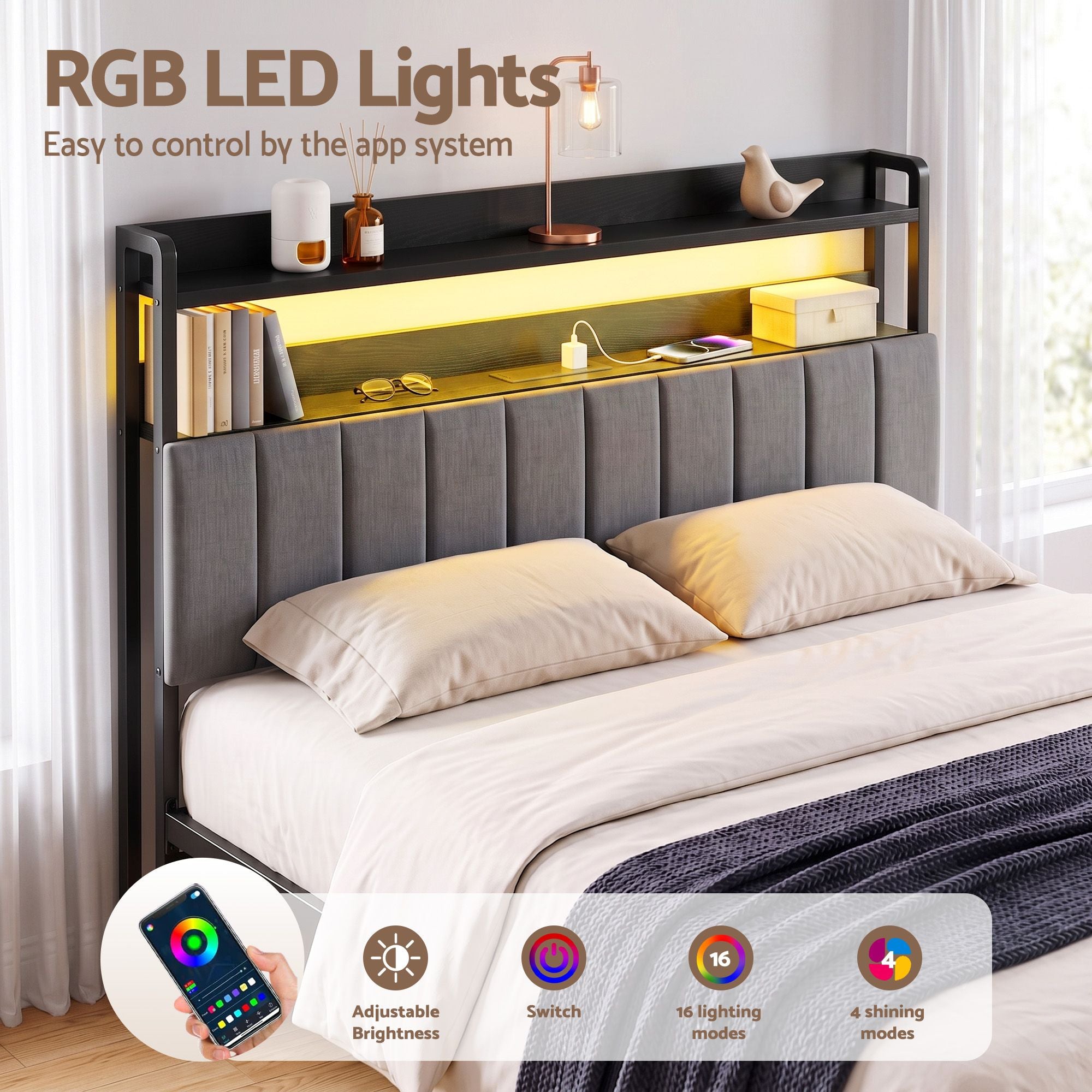 Queen Headboard Charging Station Storage LED Light Grey Upholstered