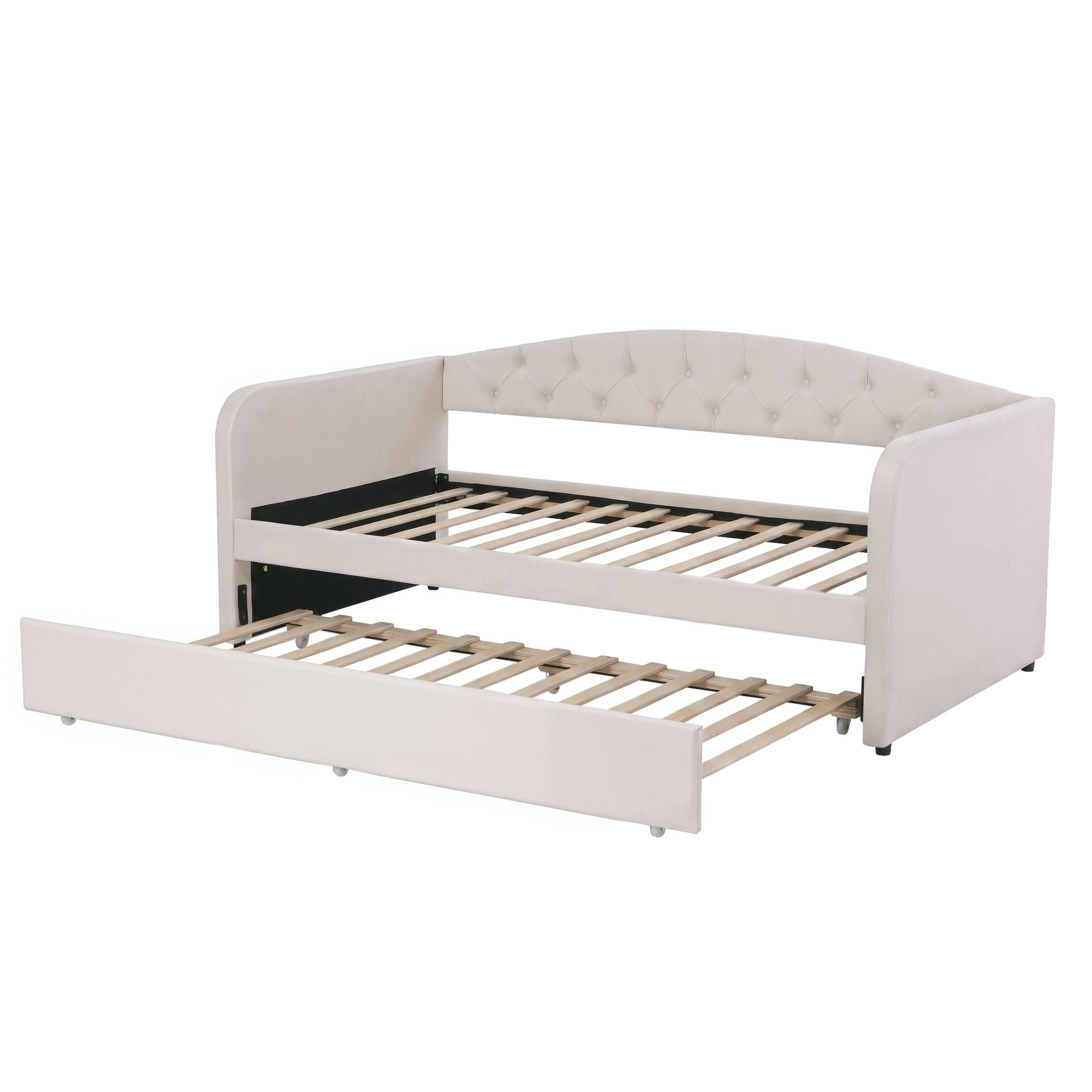King Single Velvet Tufted Daybed with Trundle Bed Frame - Velvet