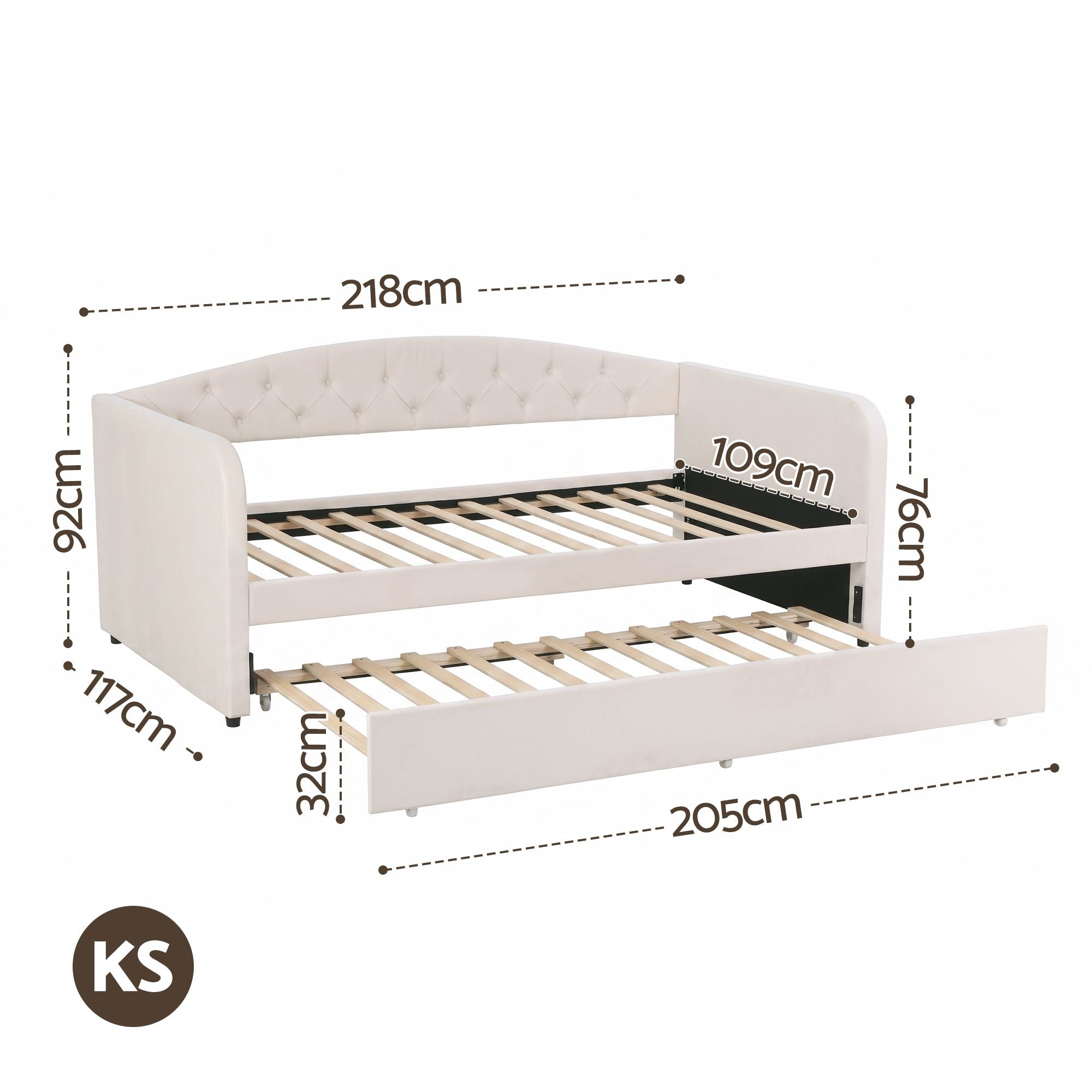 King Single Velvet Tufted Daybed with Trundle Bed Frame - Velvet