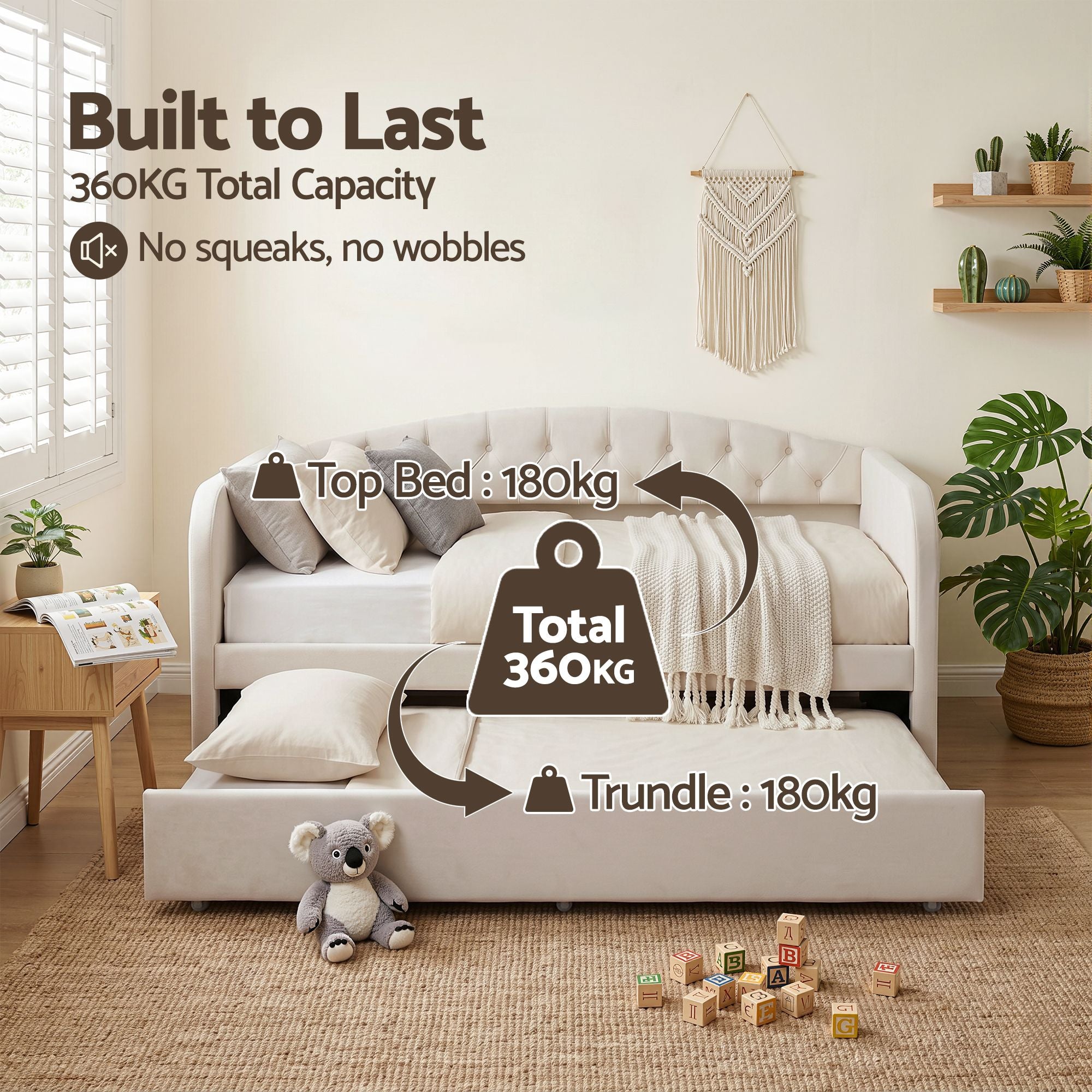 King Single Velvet Tufted Daybed with Trundle Bed Frame - Velvet