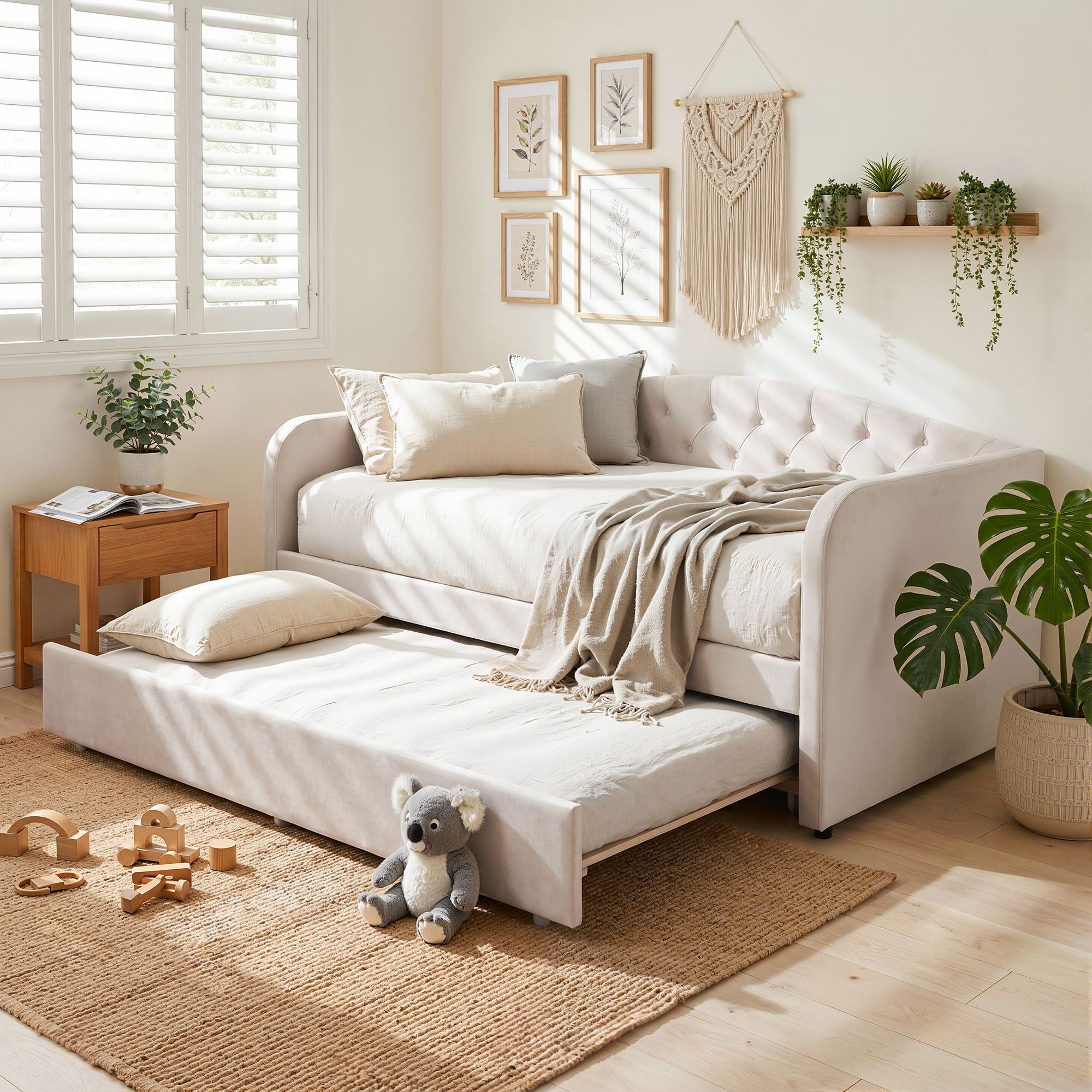 Single Velvet Tufted Daybed with Trundle Bed Frame - Grey