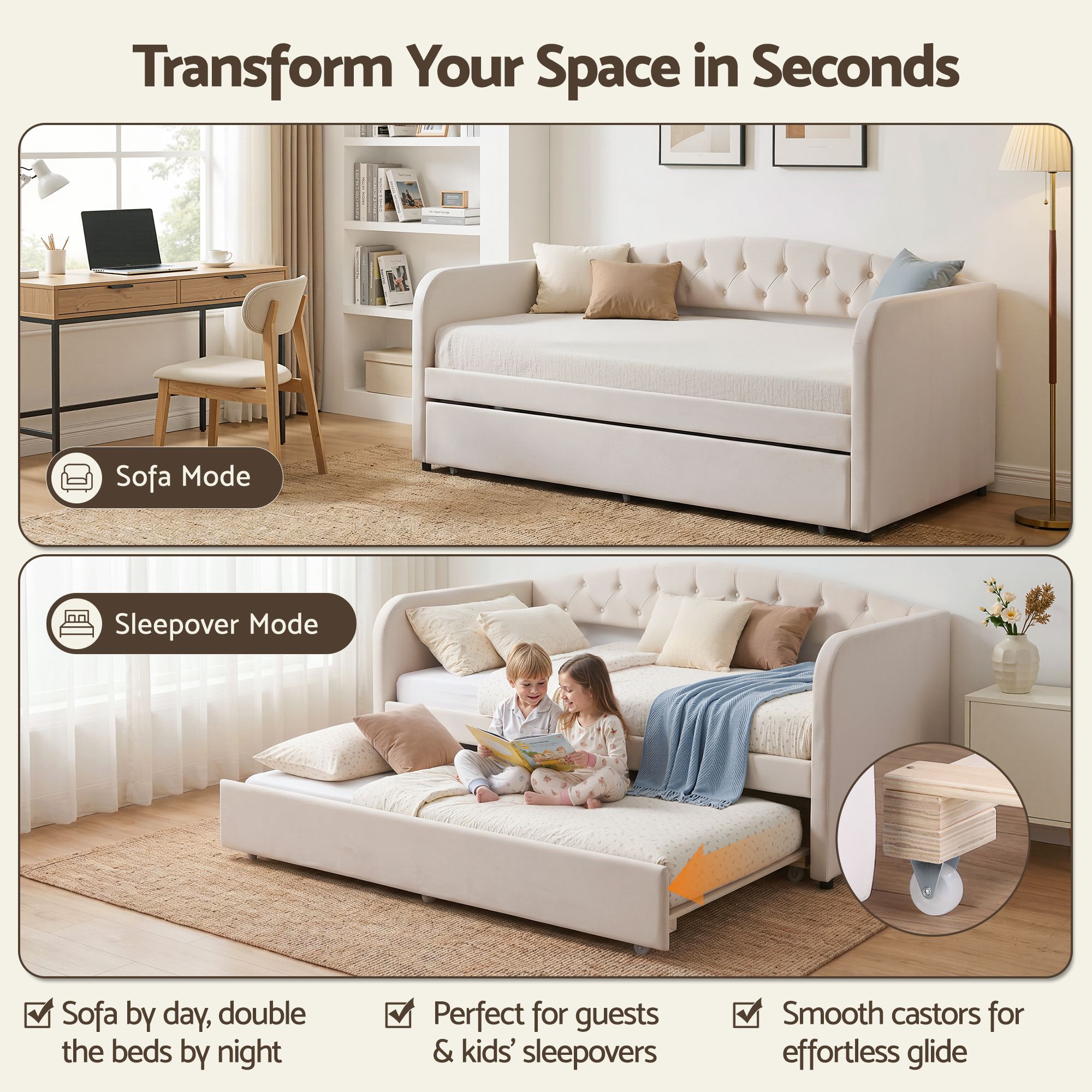 Single Velvet Tufted Daybed with Trundle Bed Frame - Grey