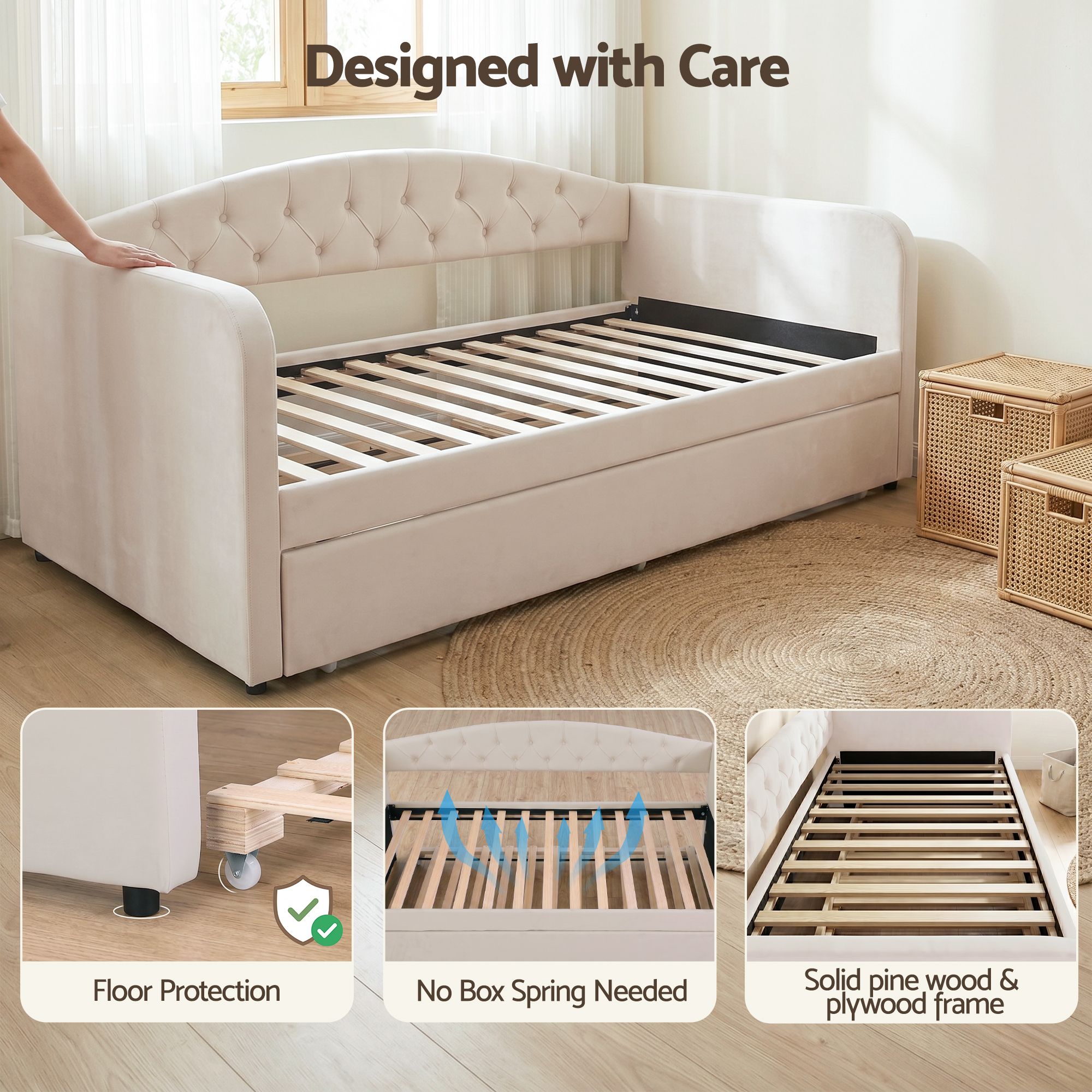 Single Velvet Tufted Daybed with Trundle Bed Frame - Grey