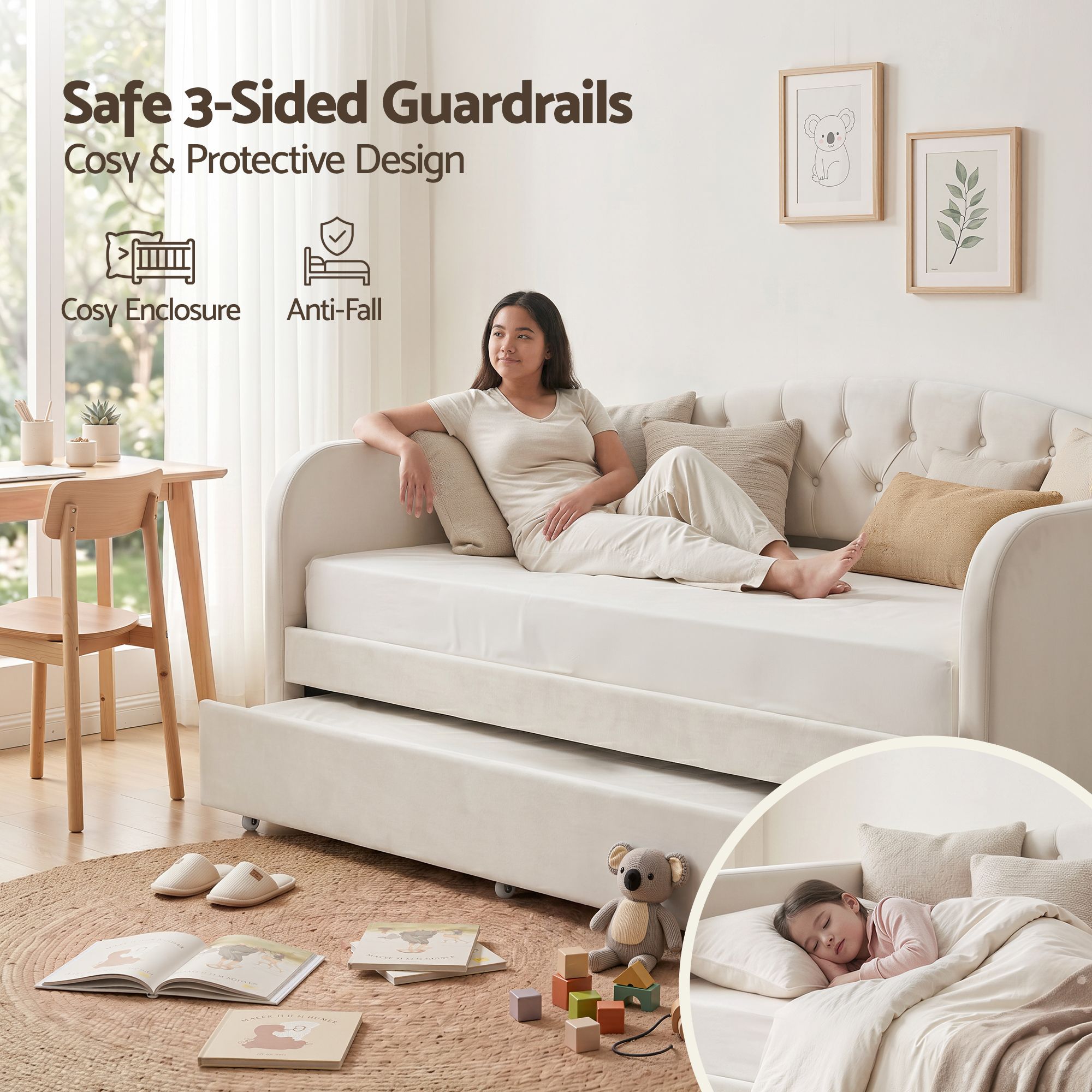 Single Velvet Tufted Daybed with Trundle Bed Frame - Grey