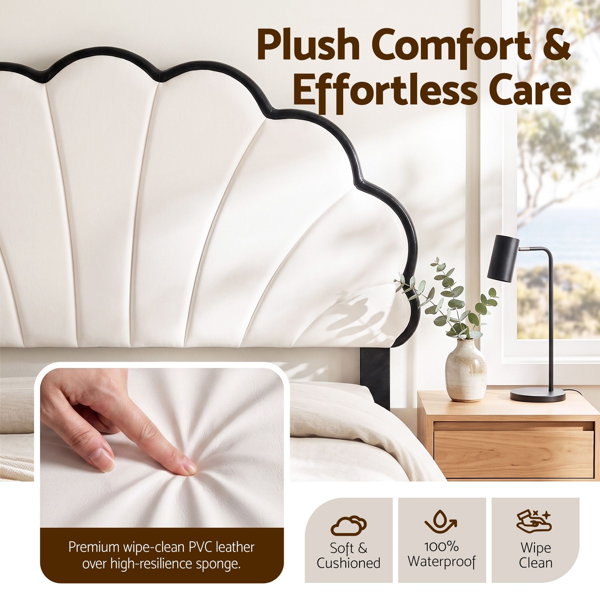 Double Bed Frame with Adjustable Shell Headboard and PVC Upholstery