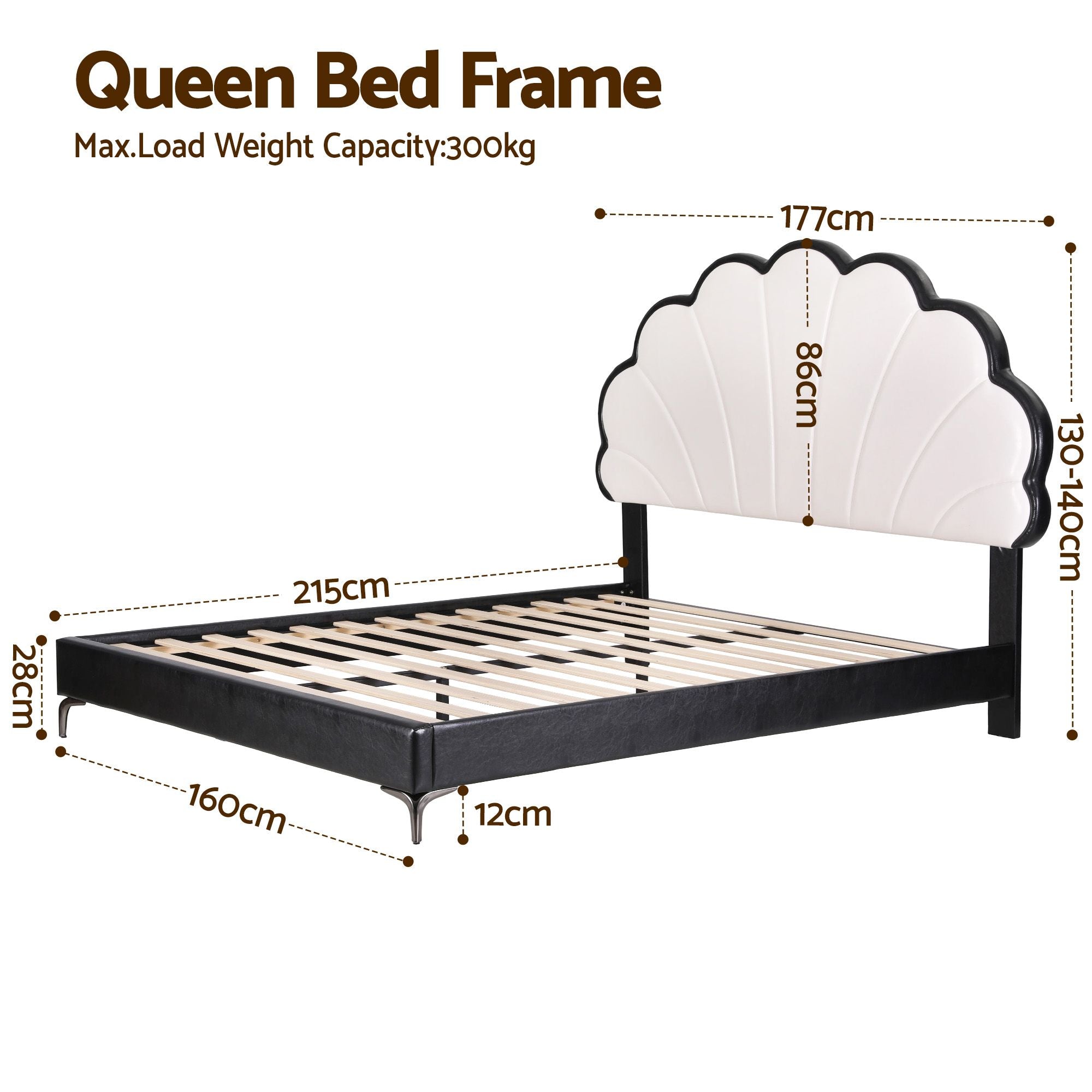 Queen Bed Frame with Adjustable Shell Headboard and PVC Upholstery