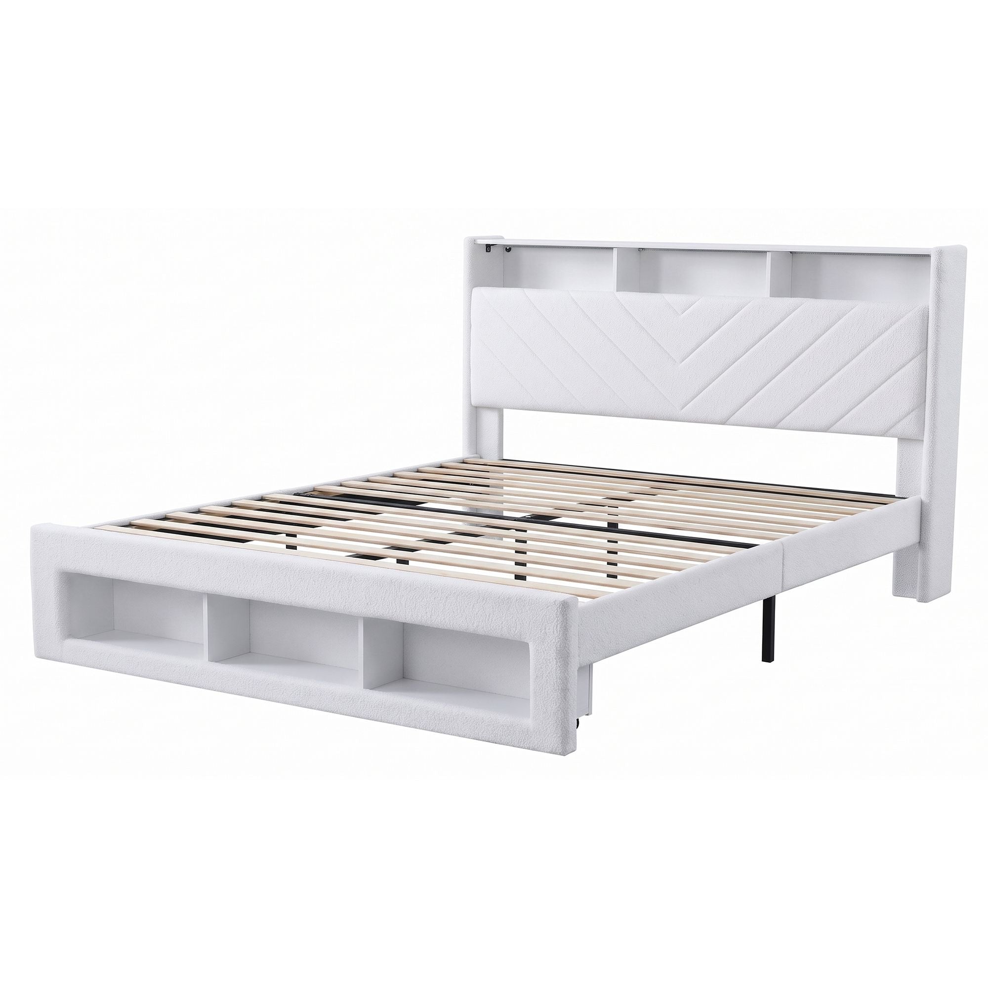 King Bed Frame with Storage, Charging Station & LED Mood Lighting - White