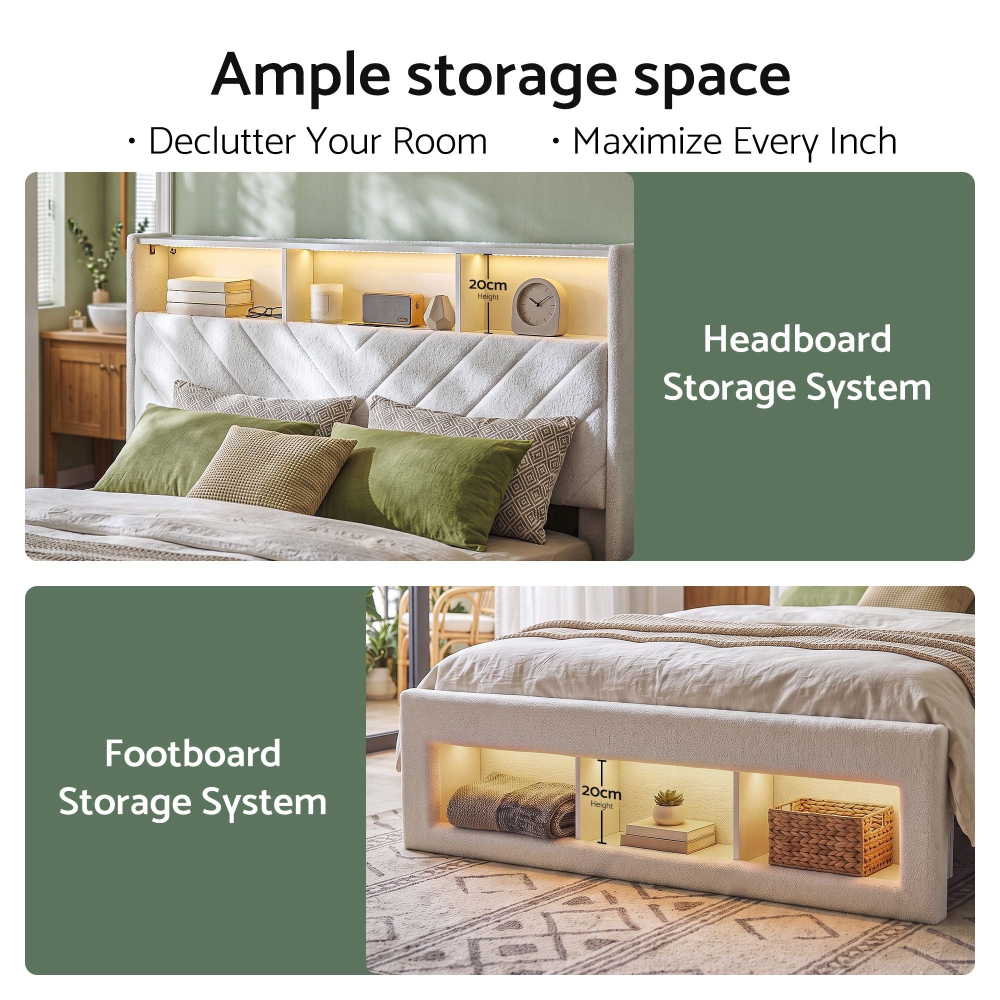 King Bed Frame with Storage, Charging Station & LED Mood Lighting - White