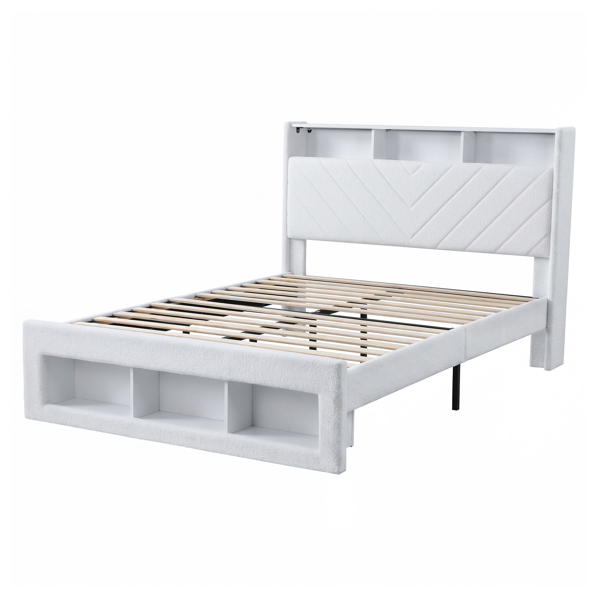 Queen Bed Frame with Storage, Charging Station, and LED Lighting - White