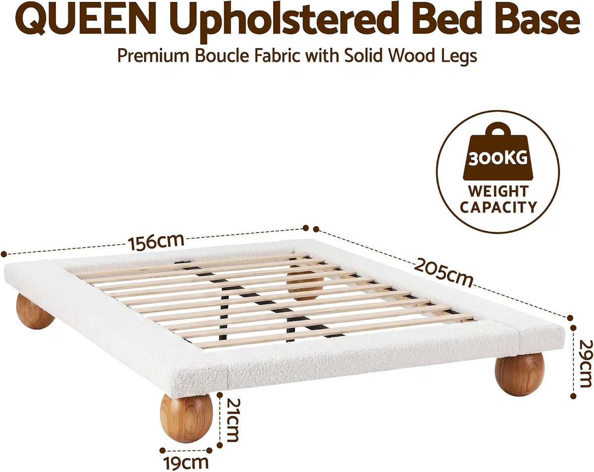 Queen Bouclé Upholstered Platform Bed Frame with 2 Four-Drawer Chests of Drawers Set