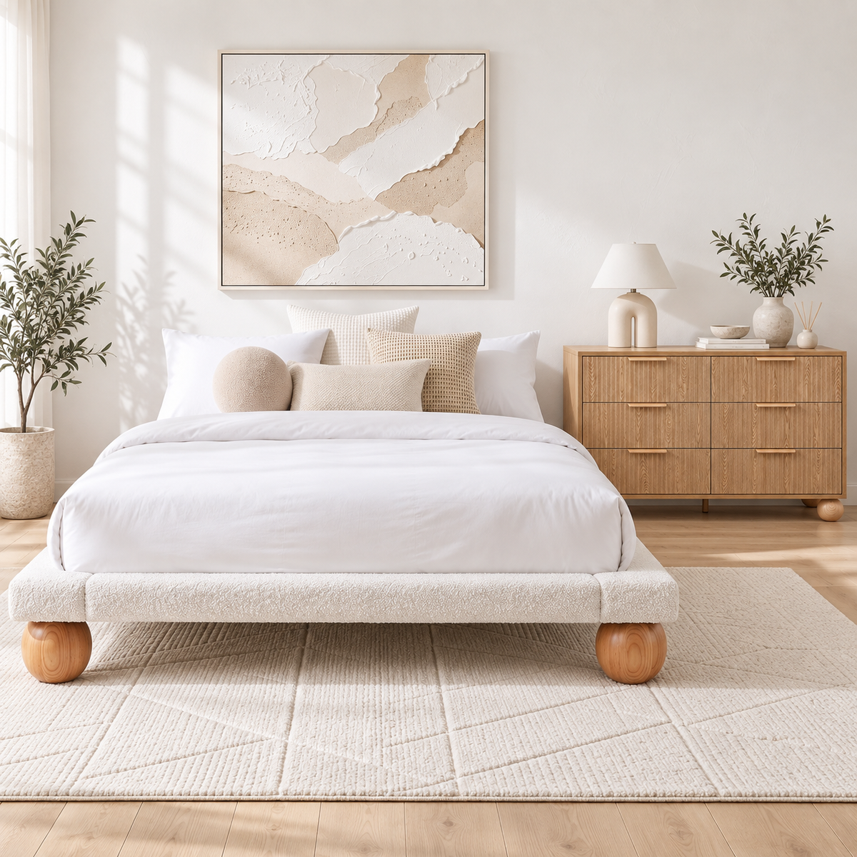Boucle Queen Bed Frame and 6 Drawer Chest Bedroom Set