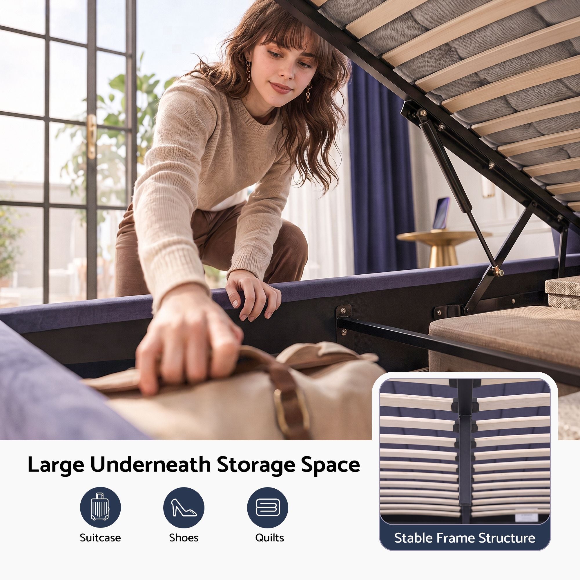 Double Bed Frame with Hydraulic Lift Storage and USB Ports - Grey