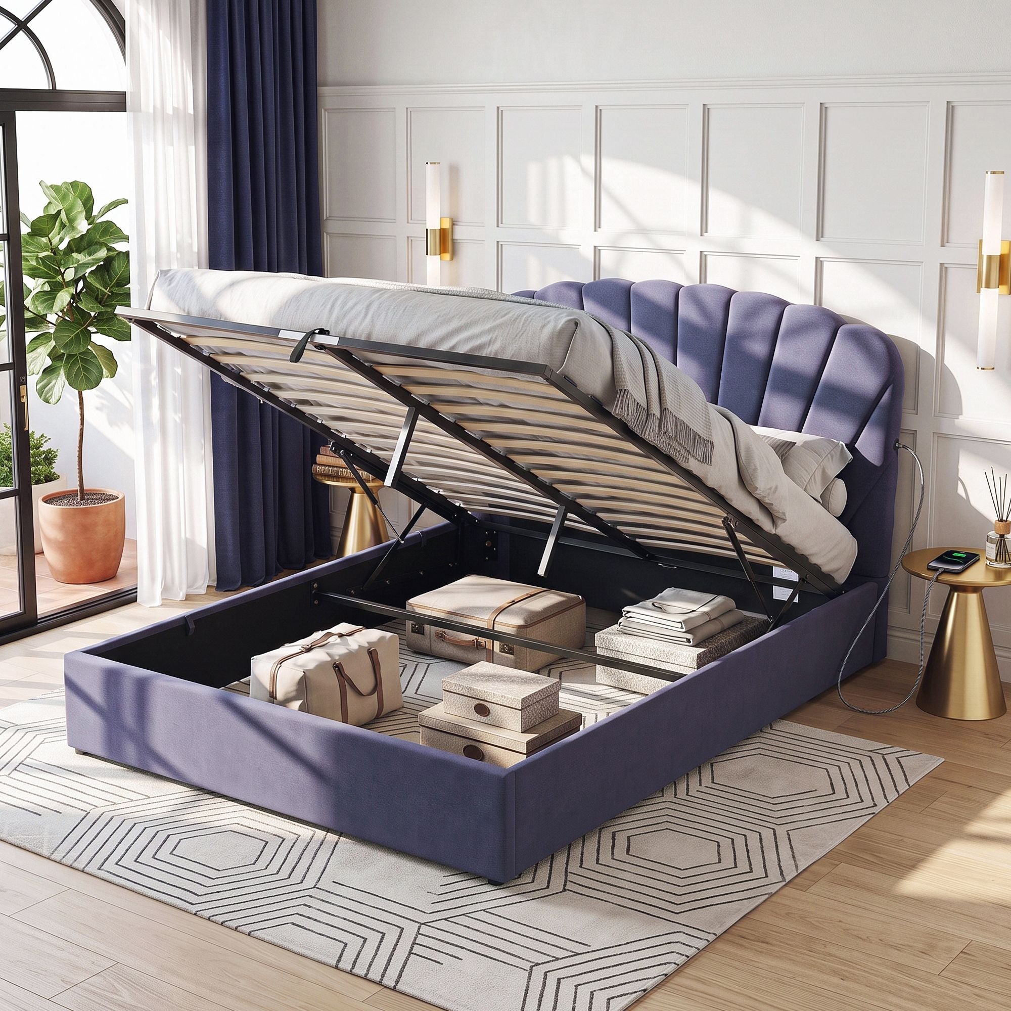 Queen Bed Frame with Hydraulic Lift Storage and USB Ports - Grey