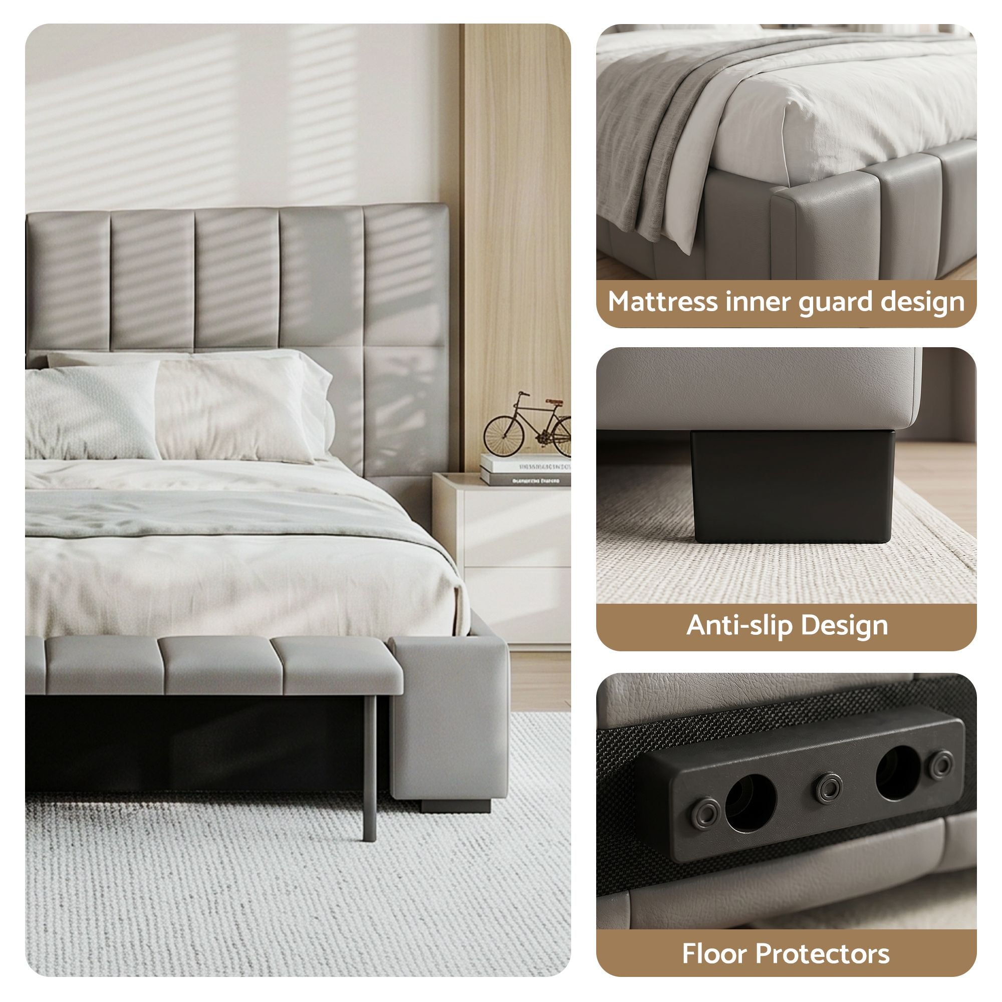 Double Upholstered Gas Lift Bed Frame with Foldable Bench and Storage - PVC Leather