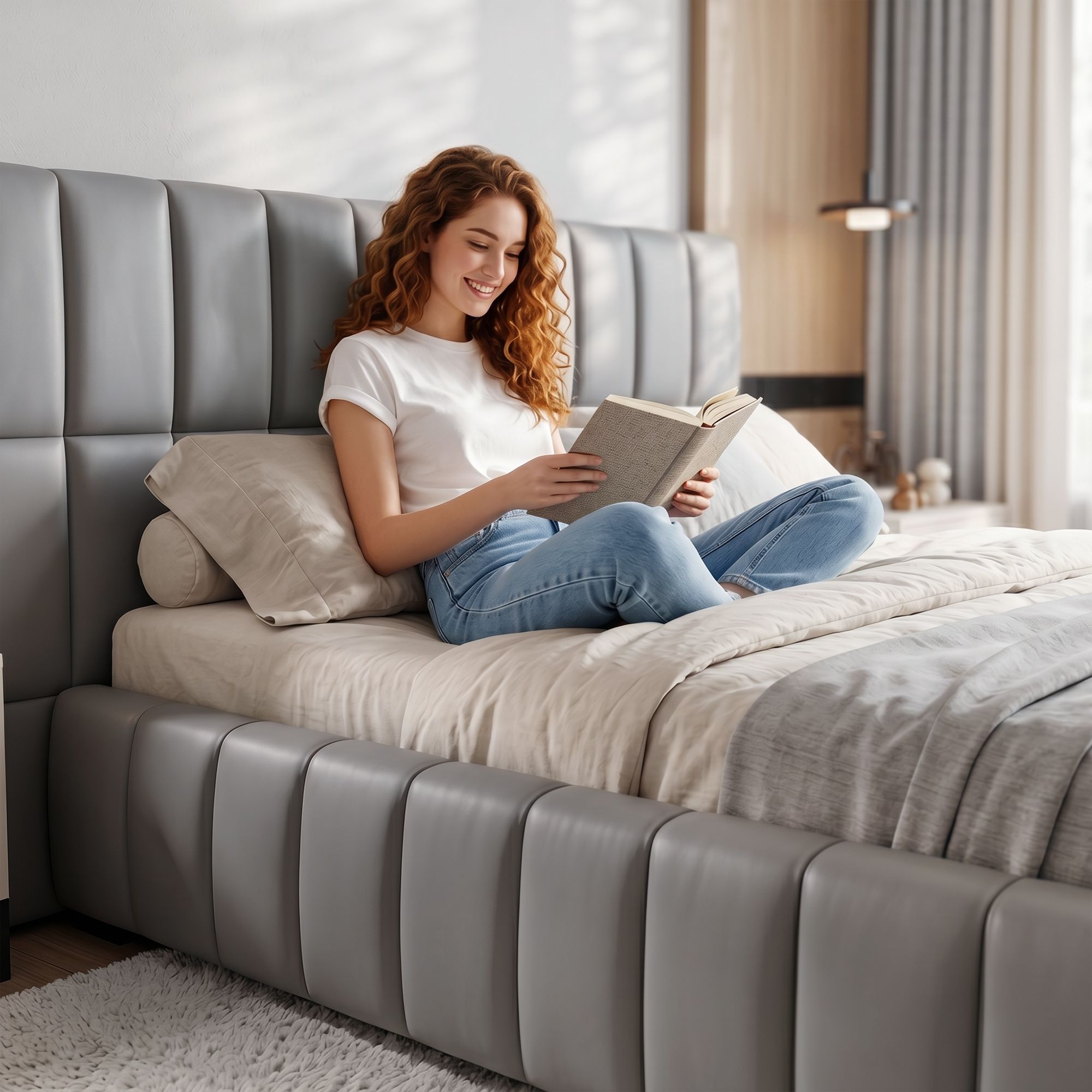Double Upholstered Gas Lift Bed Frame with Foldable Bench and Storage - PVC Leather