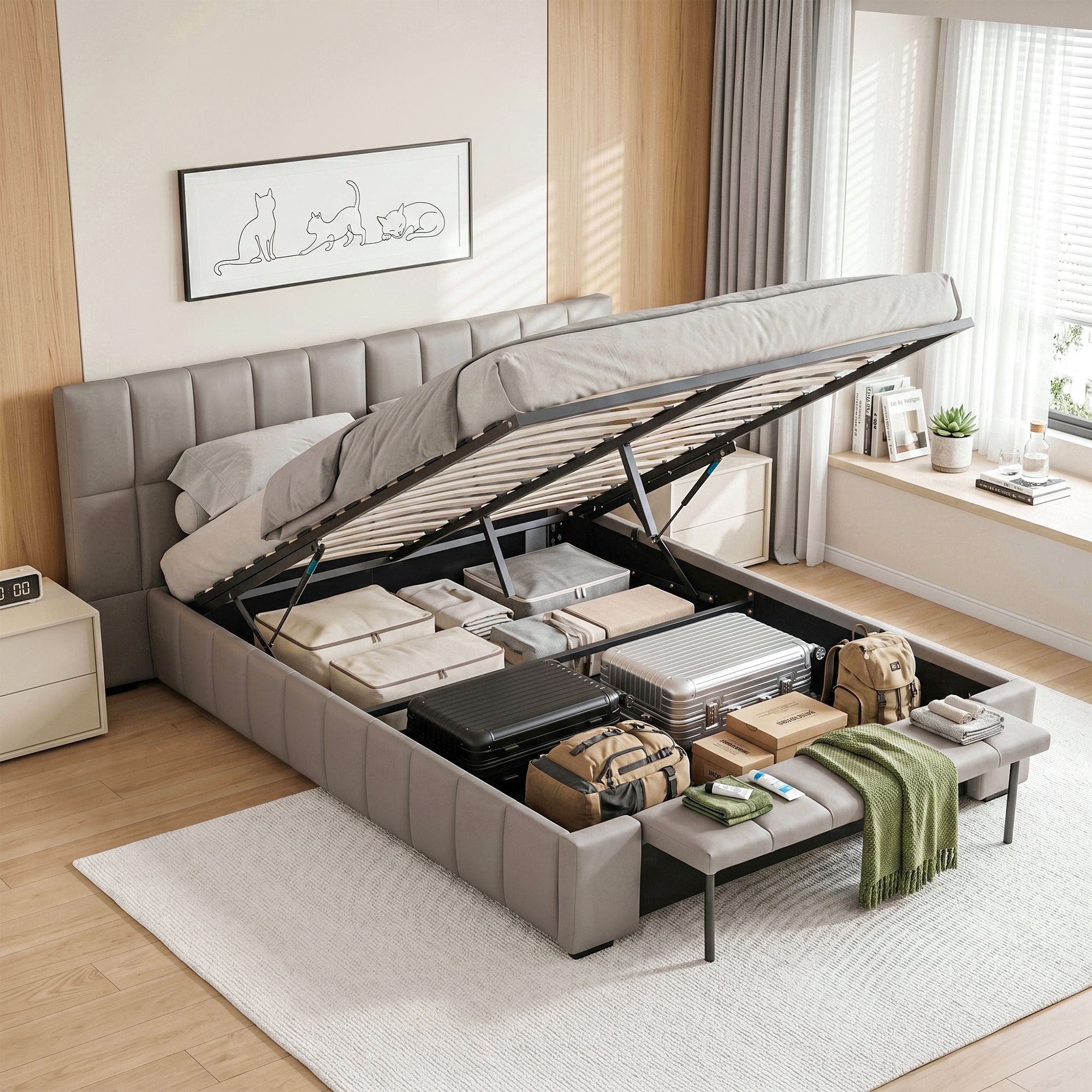 Queen Size Upholstered Gas Lift Bed Frame with Foldable Bench and Storage - PVC Leather