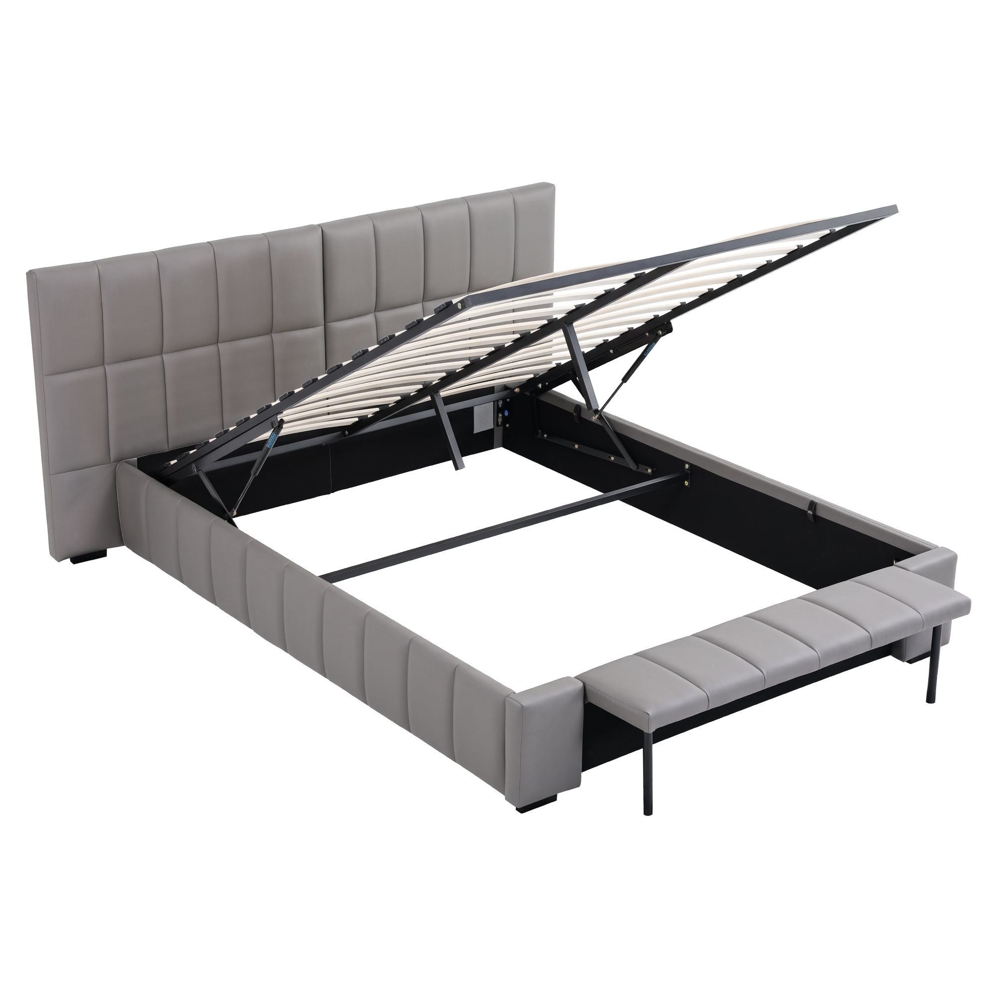 Queen Size Upholstered Gas Lift Bed Frame with Foldable Bench and Storage - PVC Leather