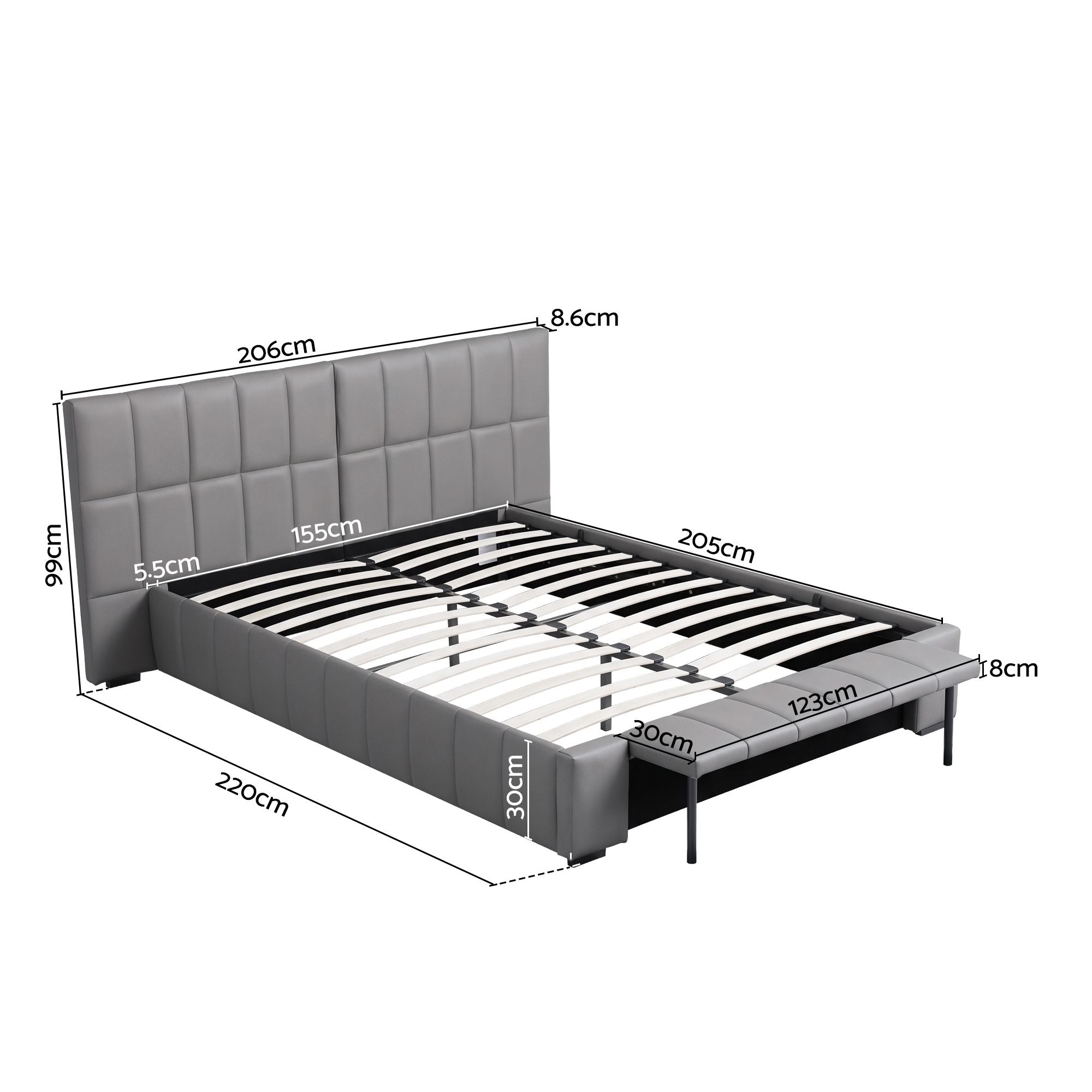 Queen Size Upholstered Gas Lift Bed Frame with Foldable Bench and Storage - PVC Leather
