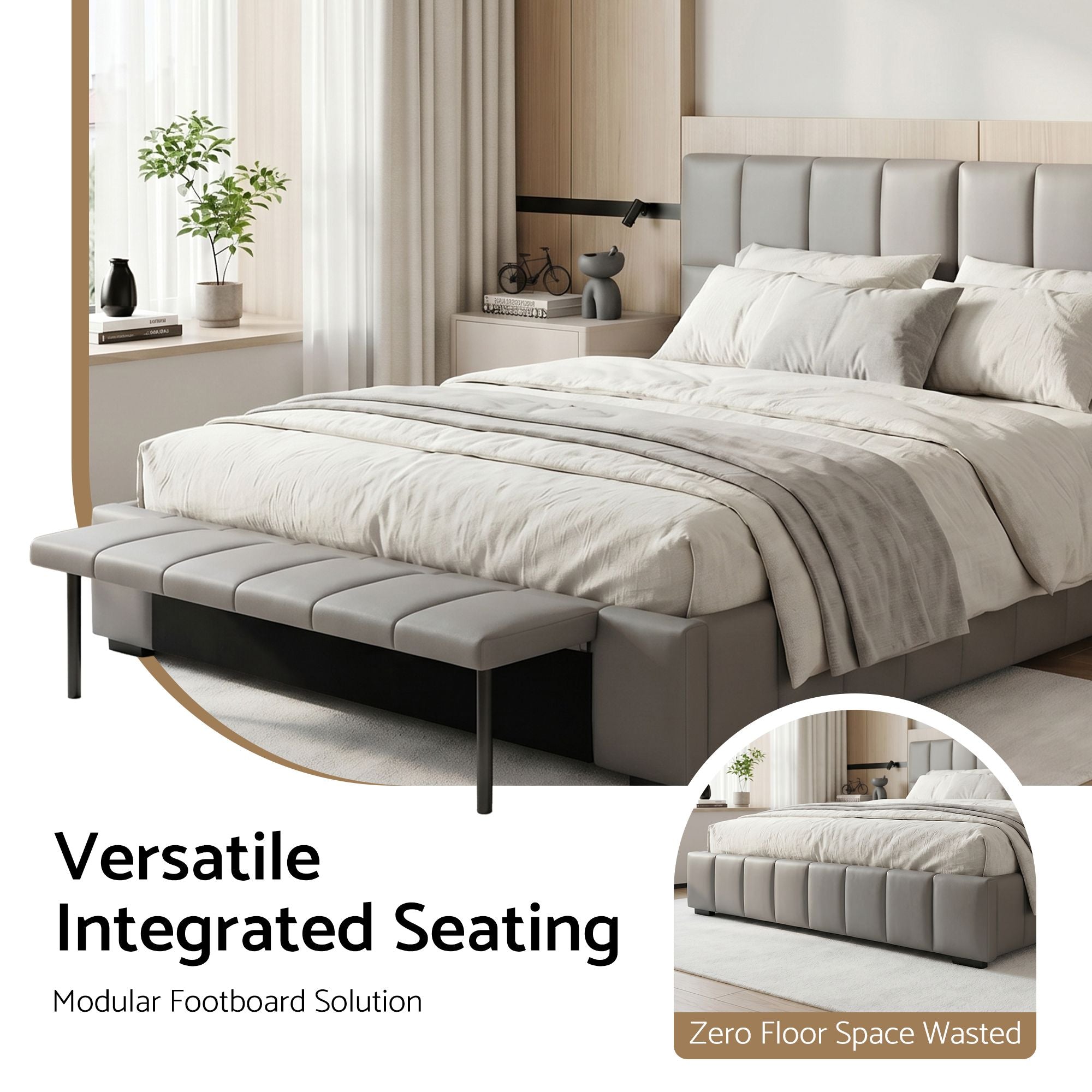 Queen Size Upholstered Gas Lift Bed Frame with Foldable Bench and Storage - PVC Leather